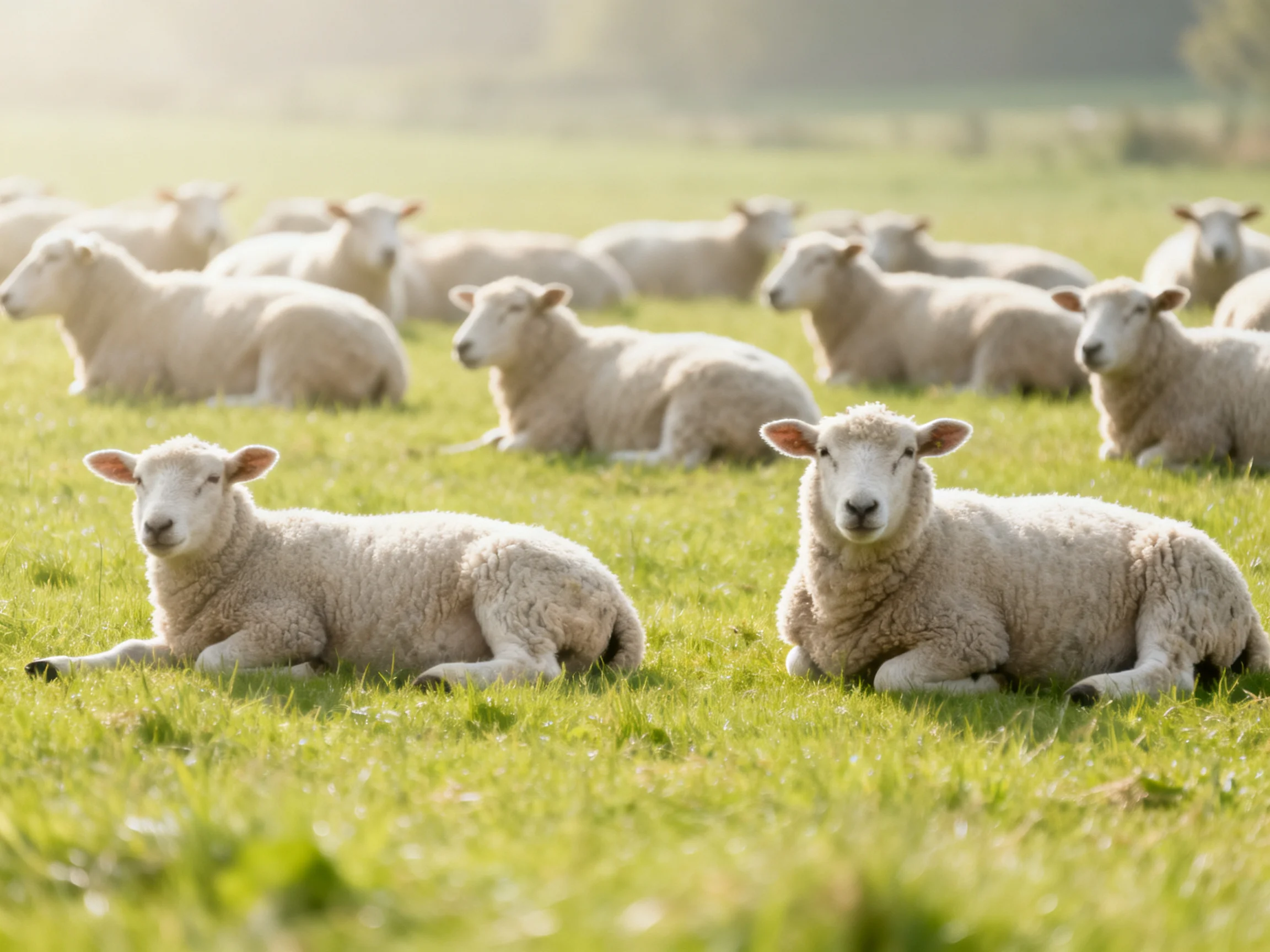 Flock of sheep resting in a sunlit green meadow