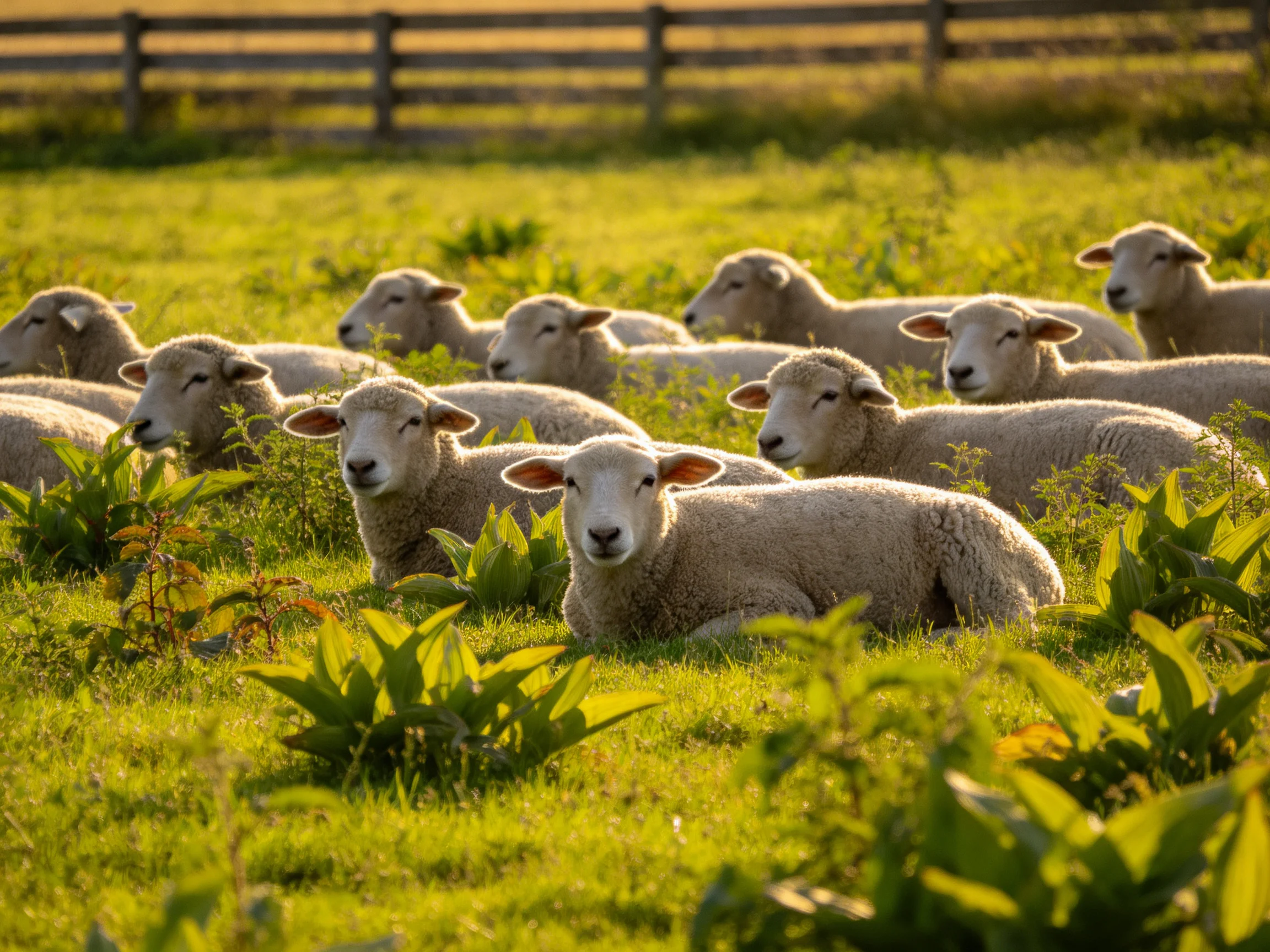 Group of sheep rests peacefully in sun-drenched pasture.
