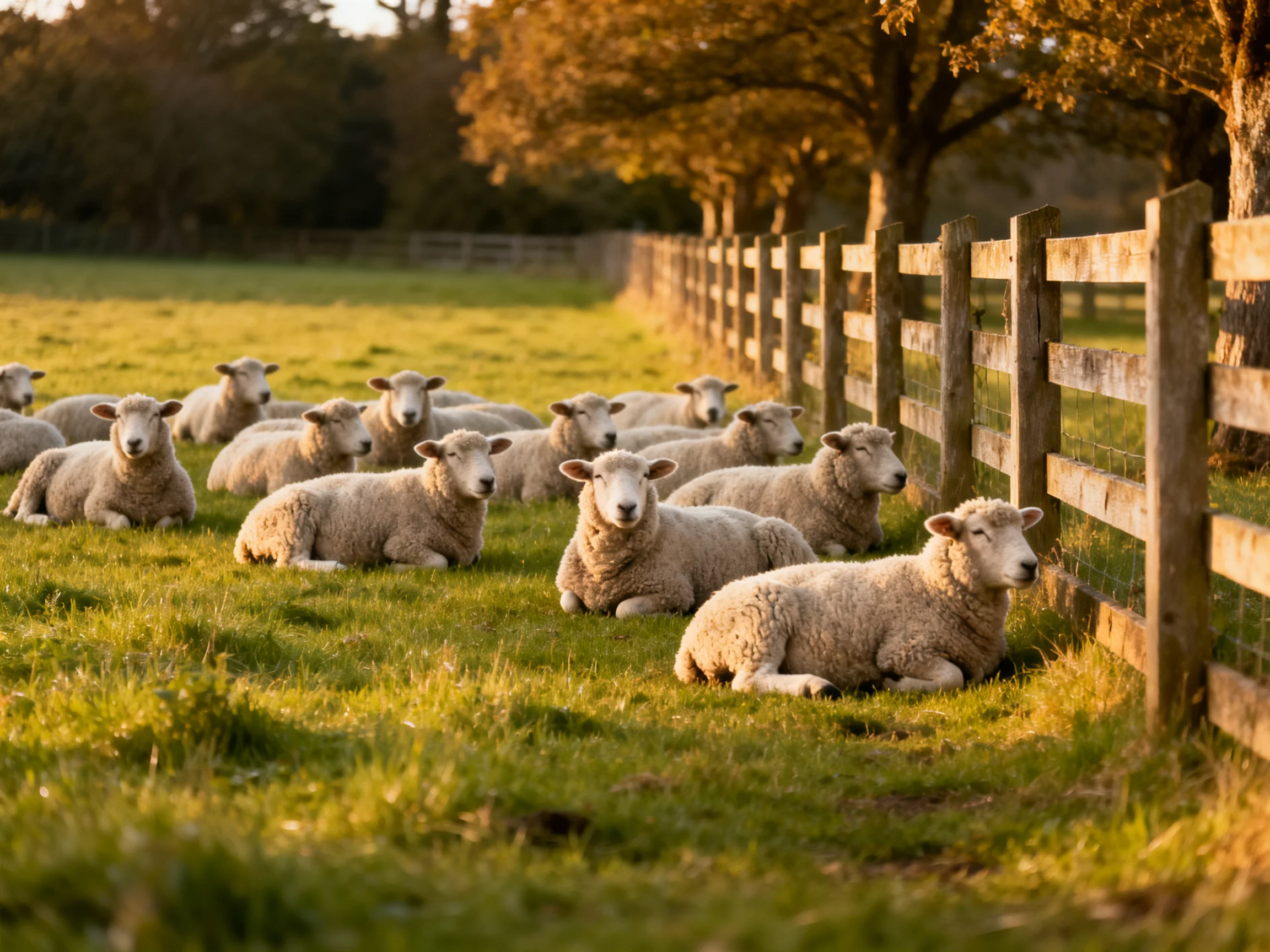 Flock of sheep resting near wooden fence in golden-hour pasture