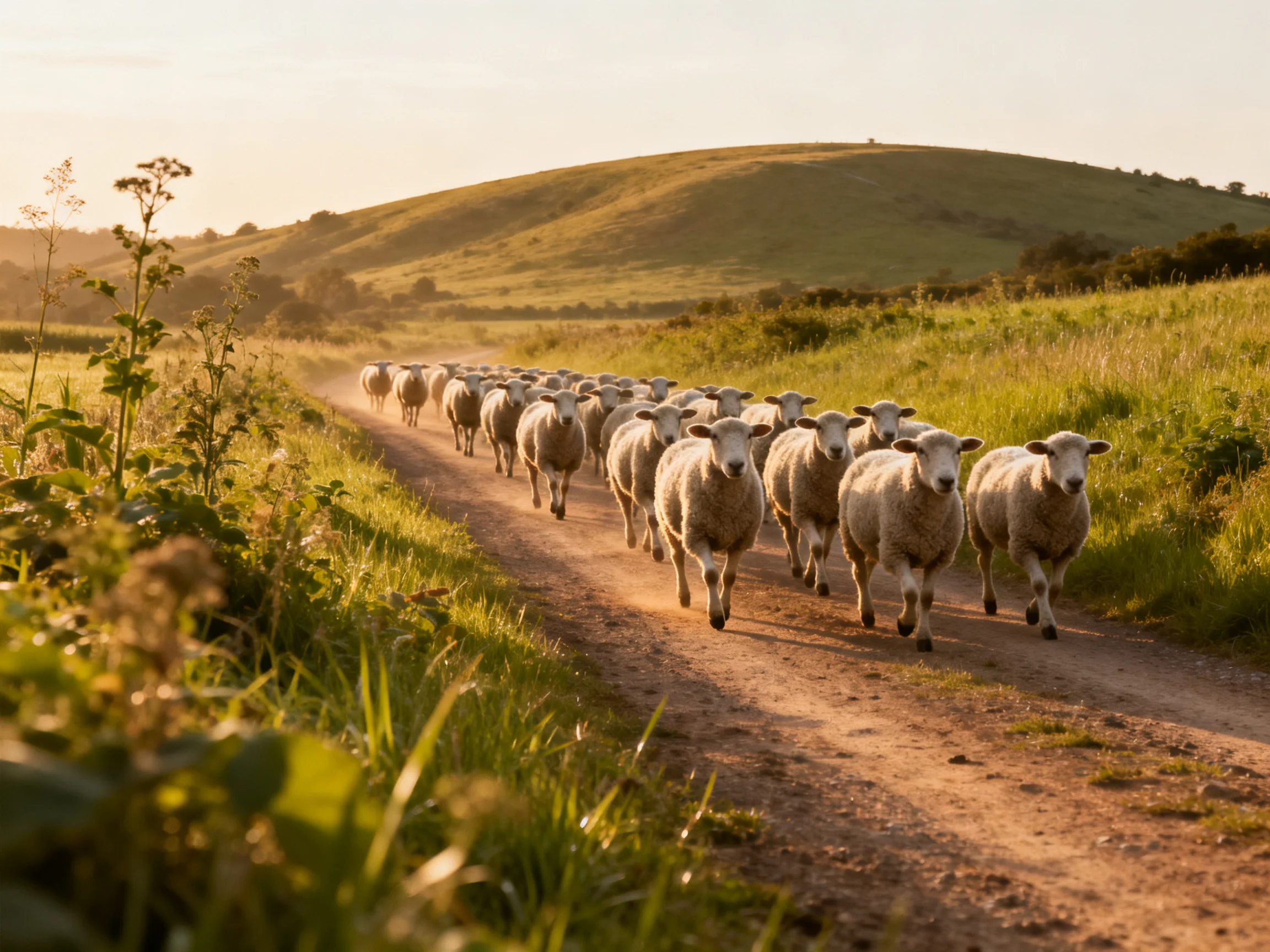 Flock of sheep runs down dusty country road near green hills