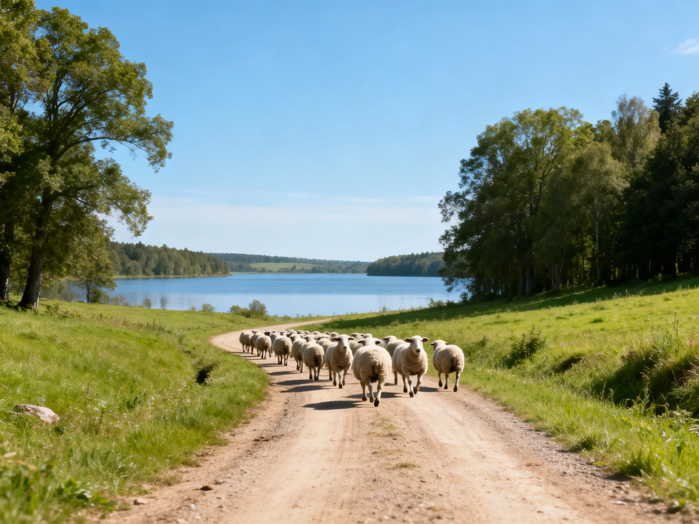Flock of sheep traveling on dirt path by tranquil lake