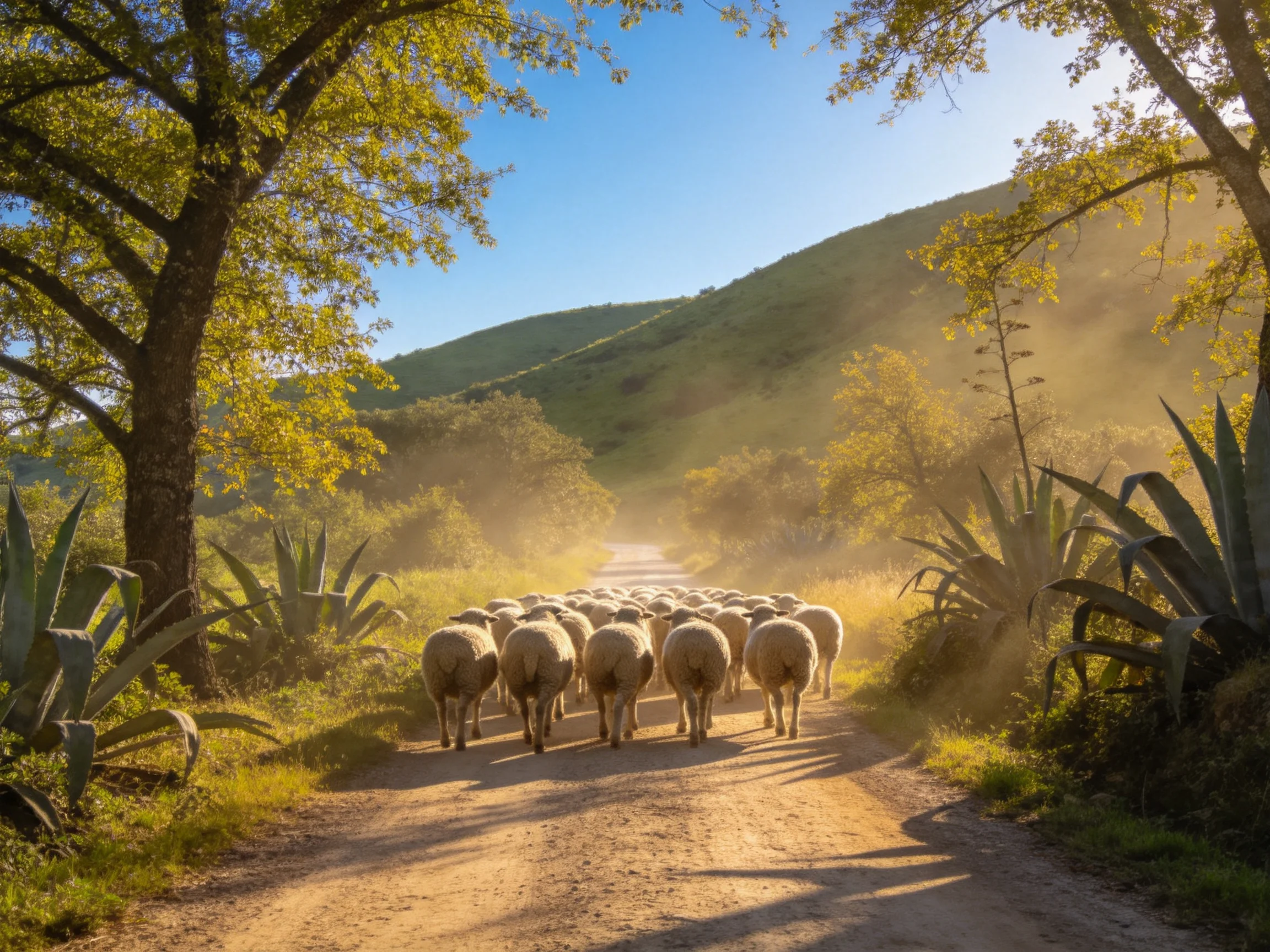 Flock of sheep traverse sun-drenched dirt road near tall trees