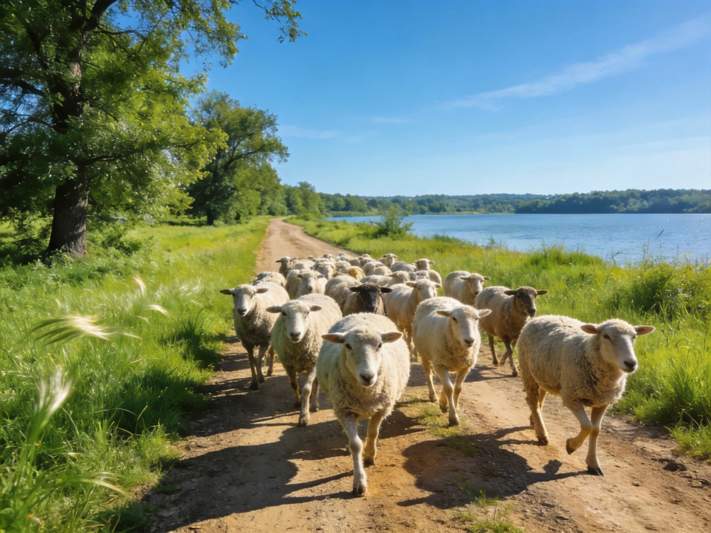 Flock of sheep walks dirt path by serene lake