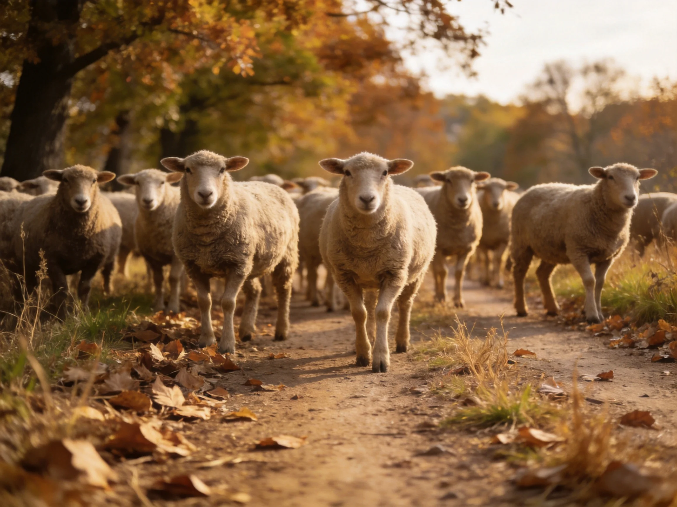 Flock of sheep walks down leafy dirt path in autumn
