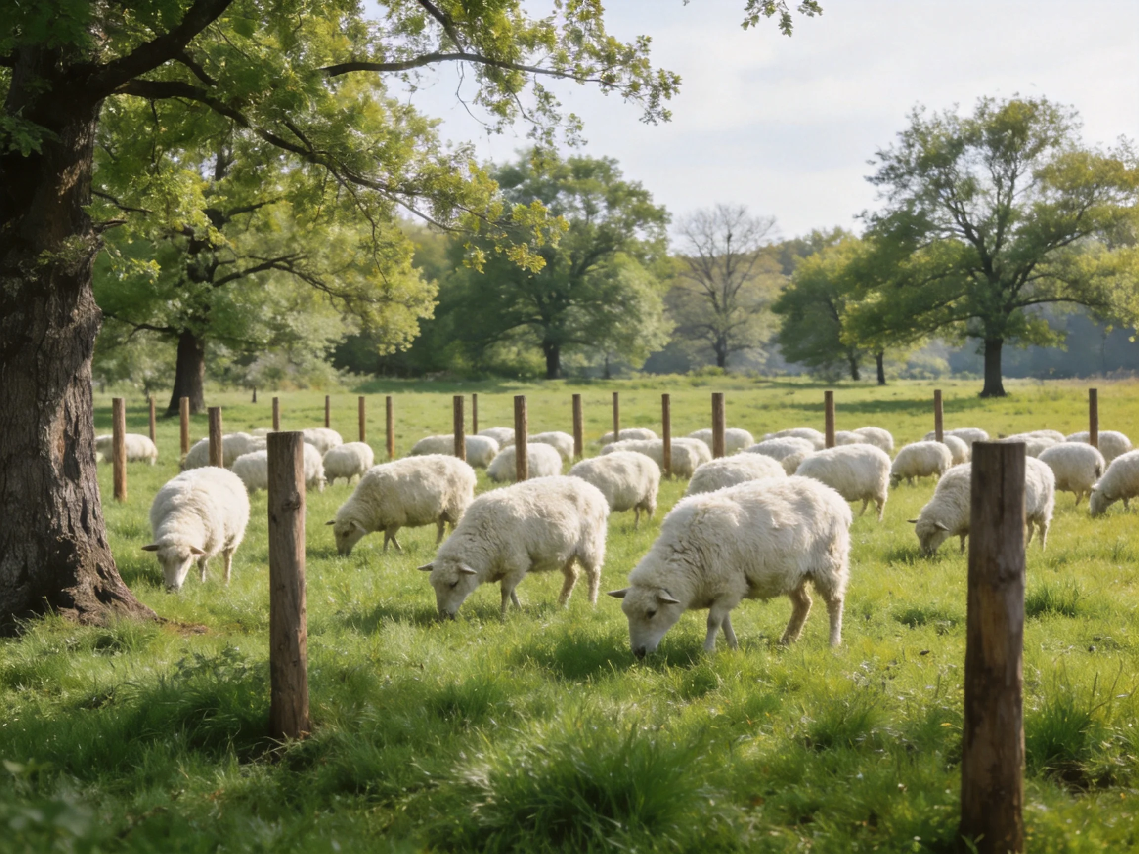White sheep graze in sunlit green pasture near wooden posts.