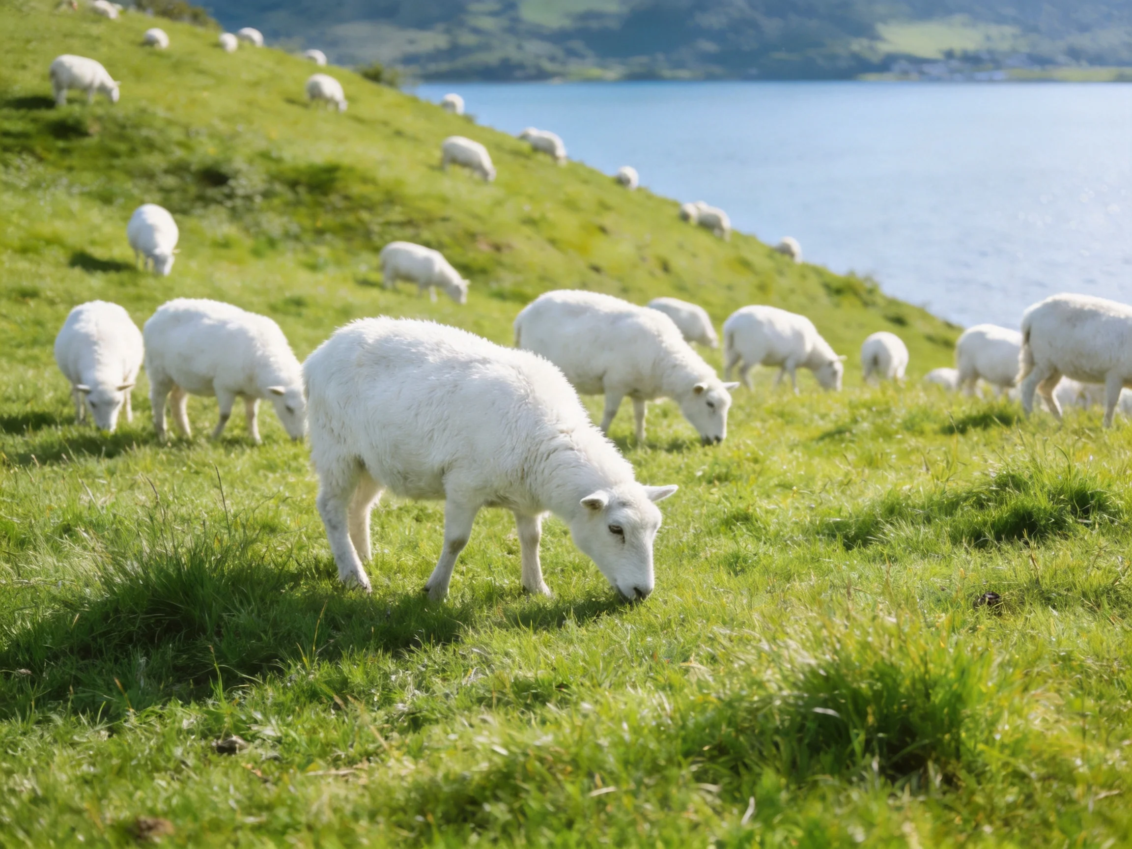 A flock of white sheep graze on a green hillside beside a blue lake