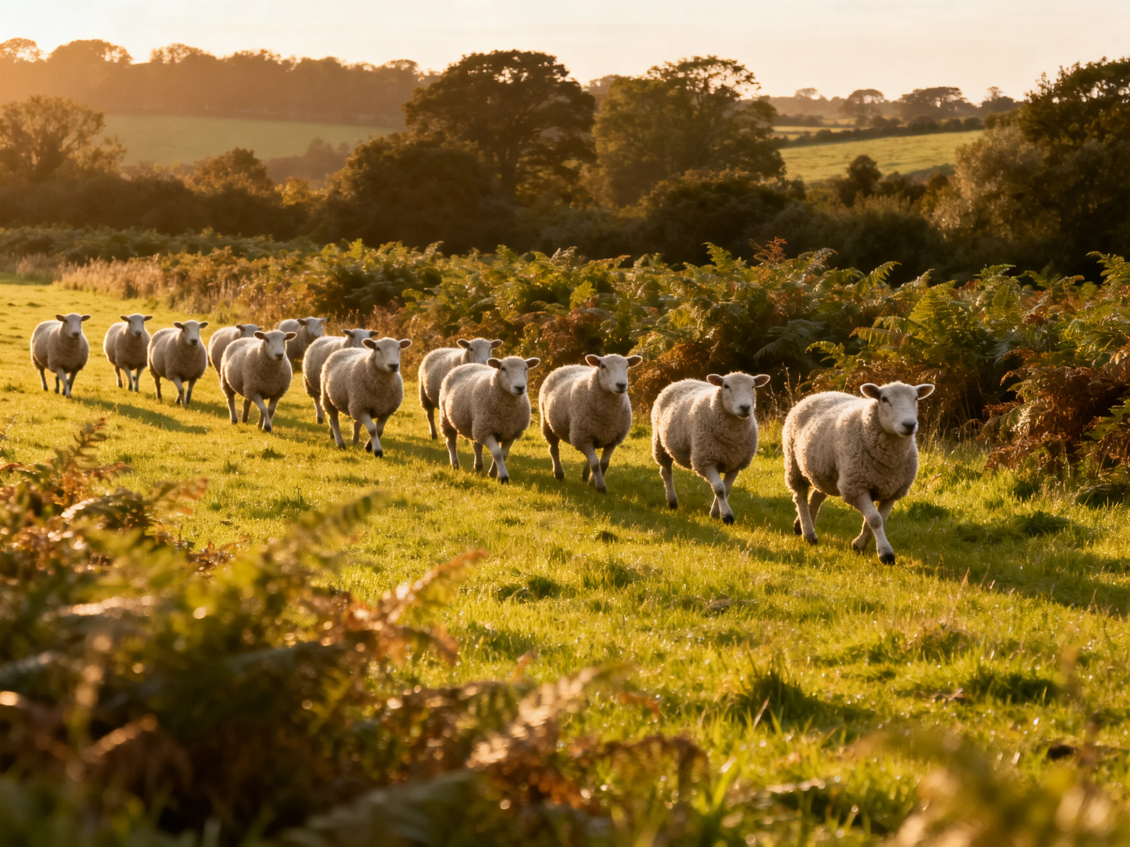 Flock of white sheep marching through golden-green meadow