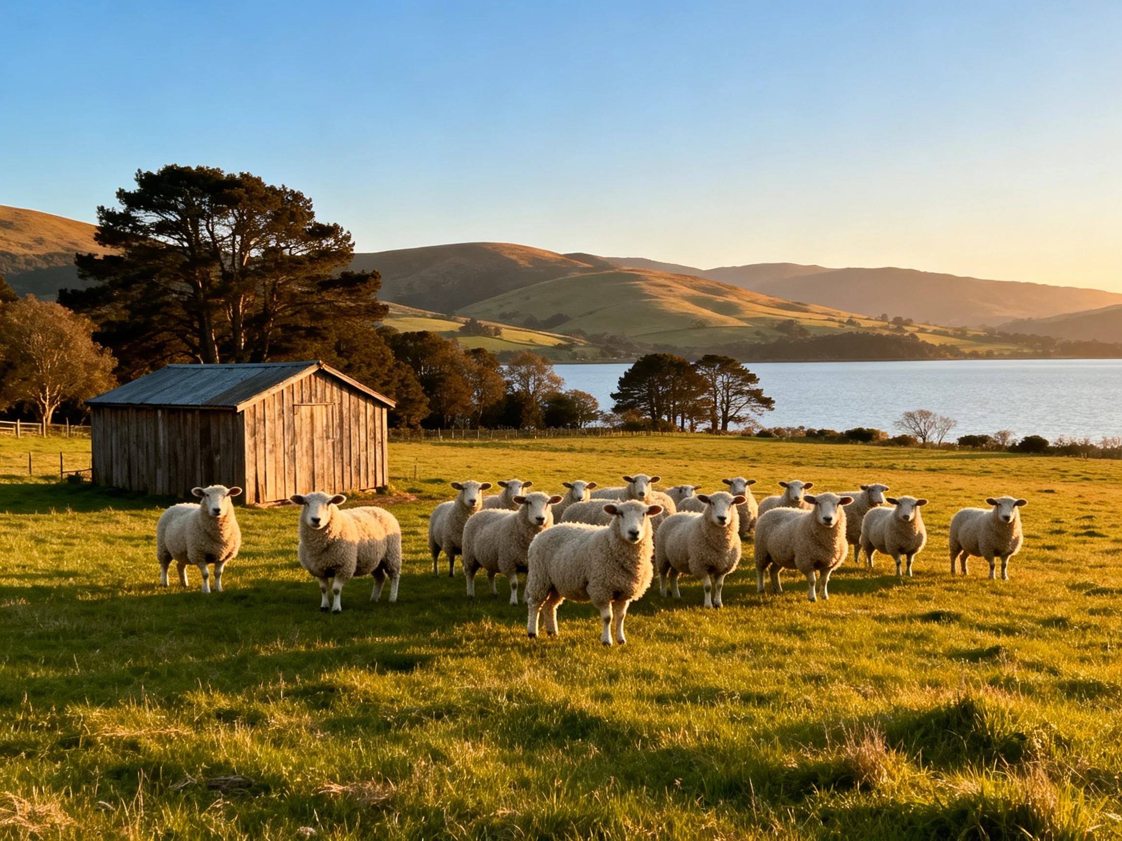 Flock of white sheep near wooden shed by serene lake