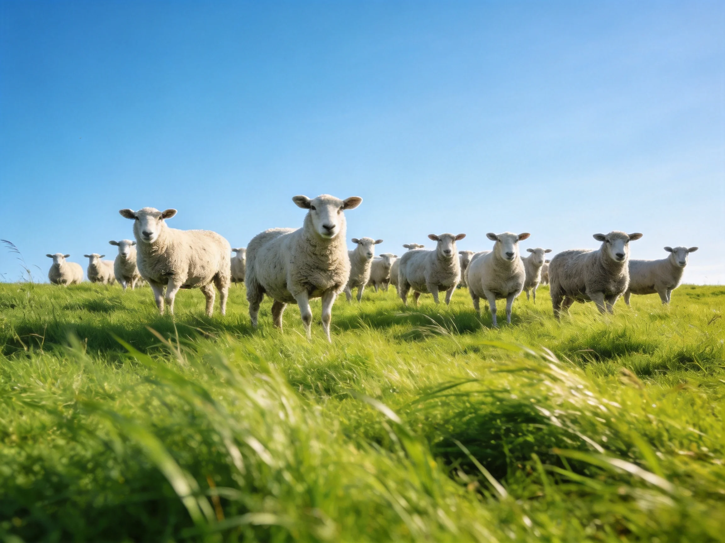 Flock of white sheep on green pasture under blue sky