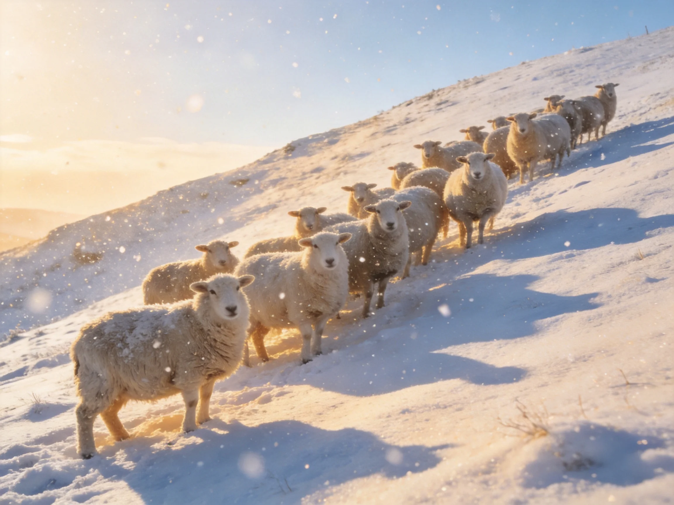 Flock of white sheep on snow - covered hillside in golden light