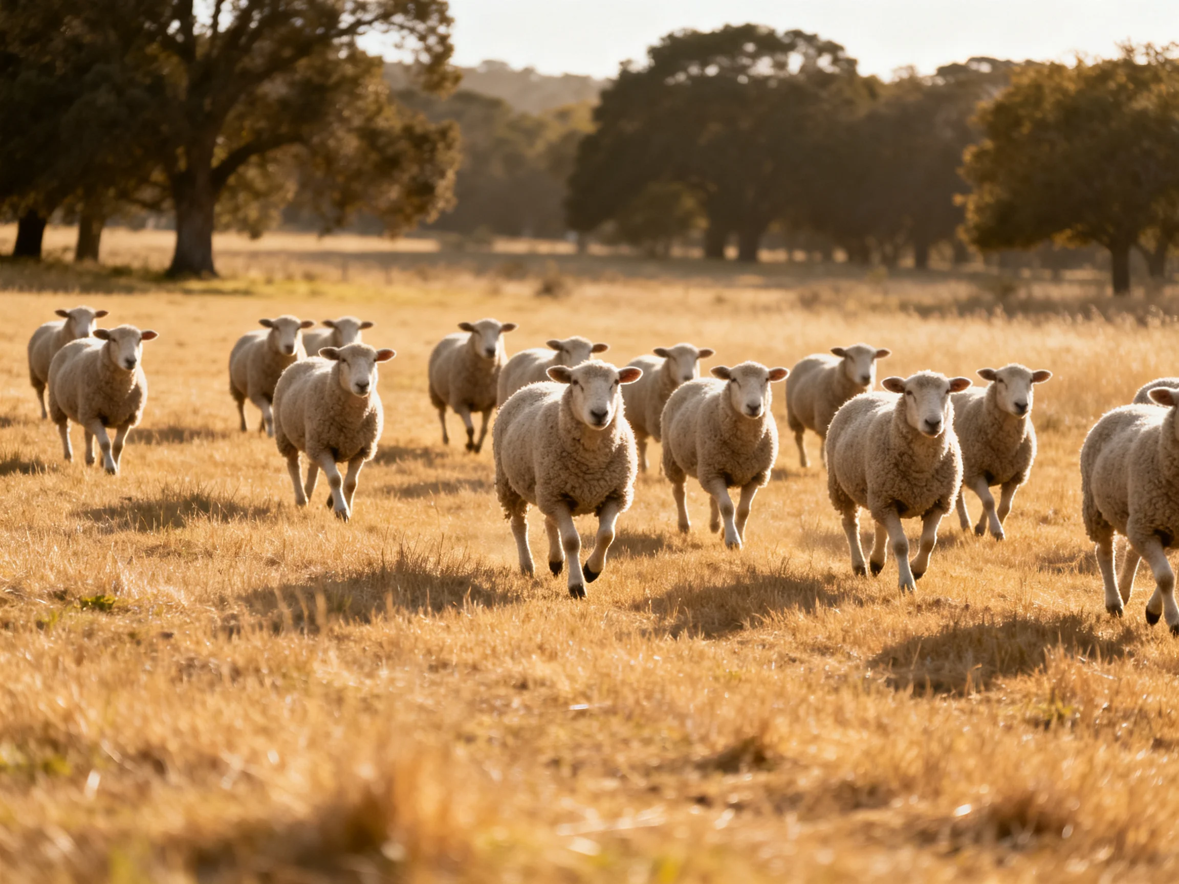 Flock of white sheep running through golden grassy fields