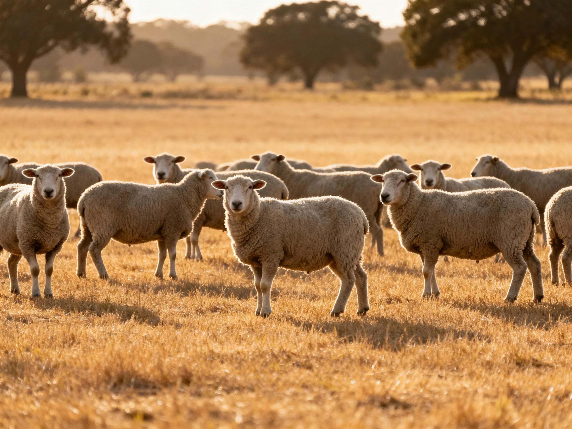 Flock of woolly sheep in a golden sunlit pasture