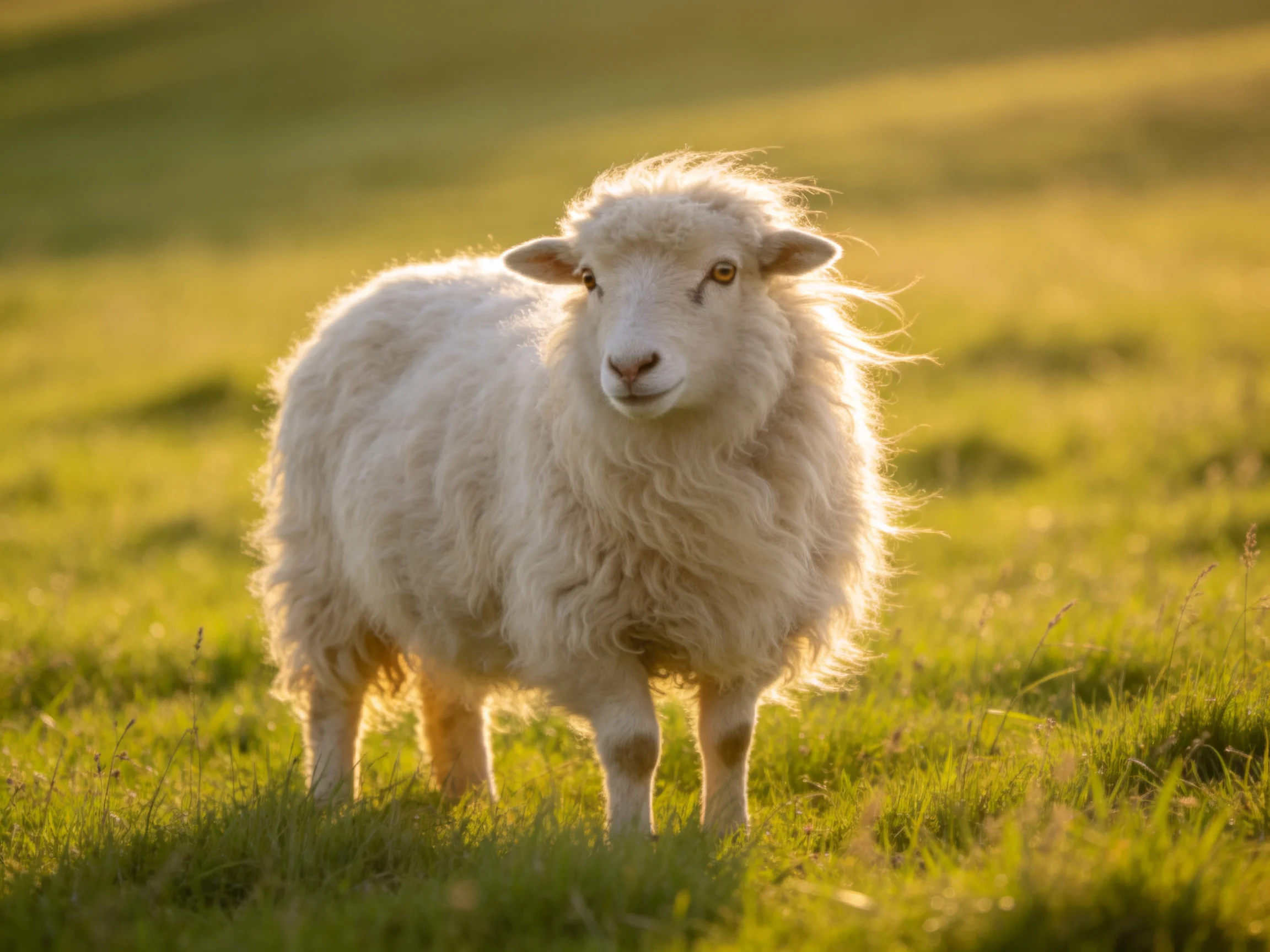 A fluffy white sheep stands in a sunlit green pasture.