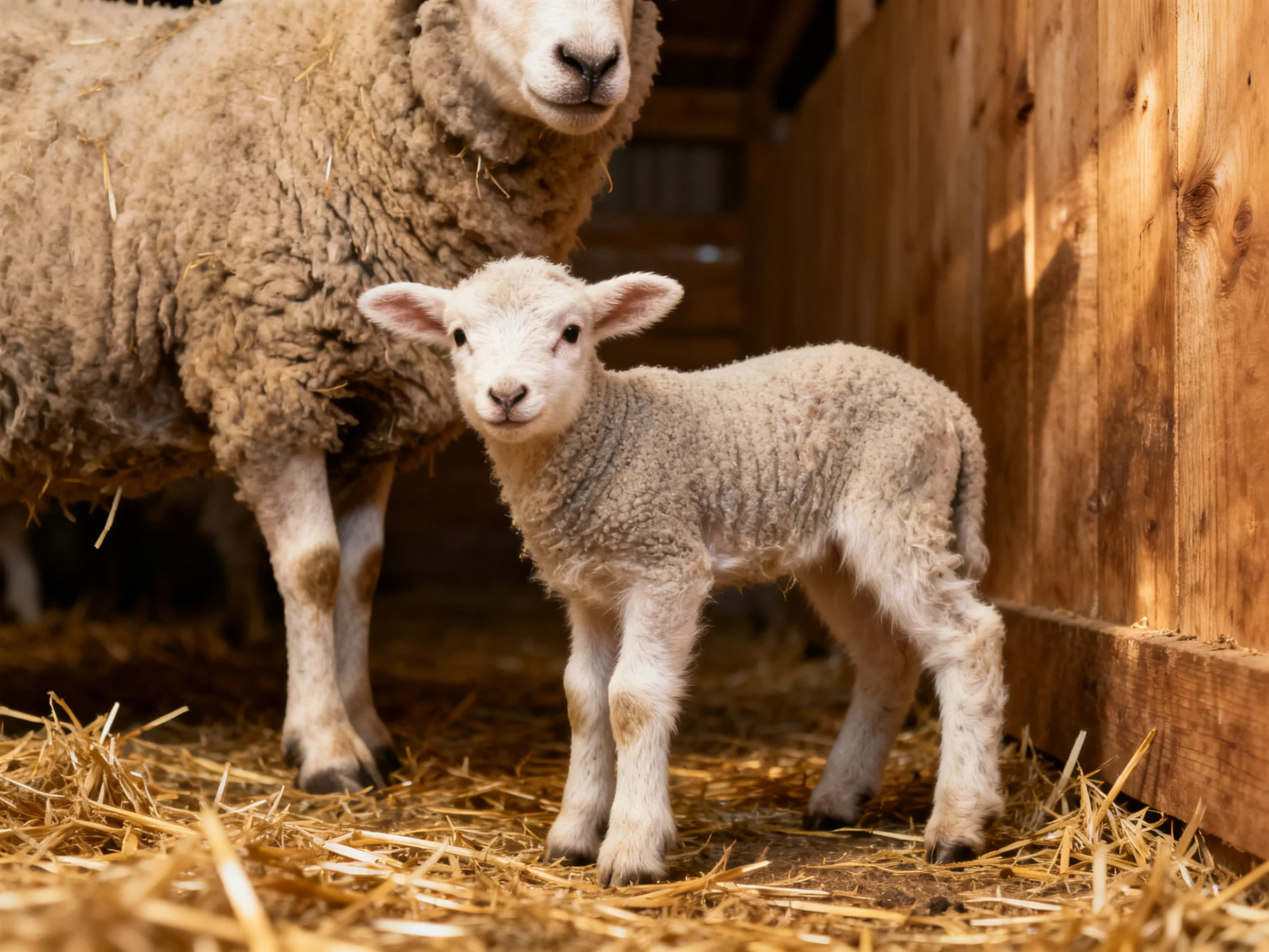 Fluffy adult sheep and lamb near wooden barn walls with straw