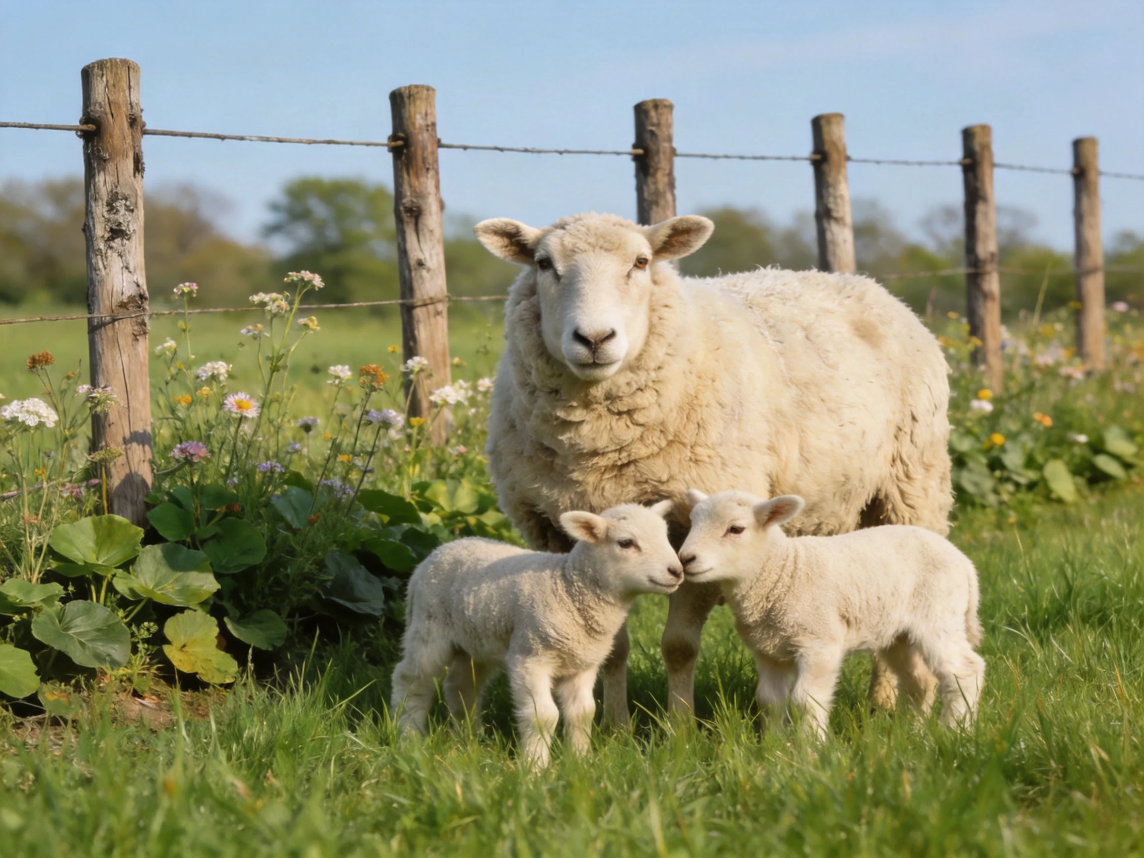 Fluffy adult sheep with two lambs near wooden fence in flowered meadow