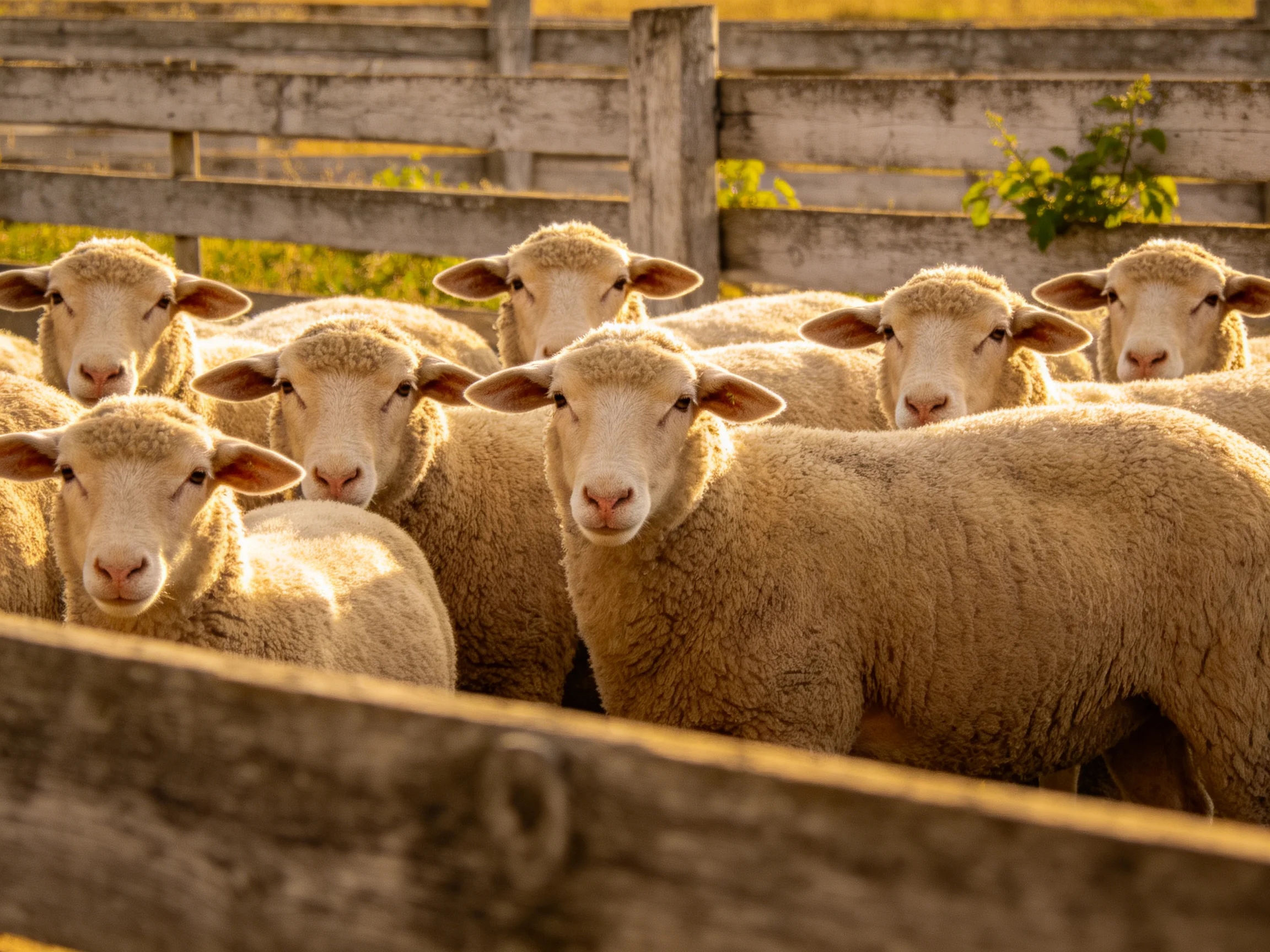 Fluffy beige sheep clustered near weathered wooden fences