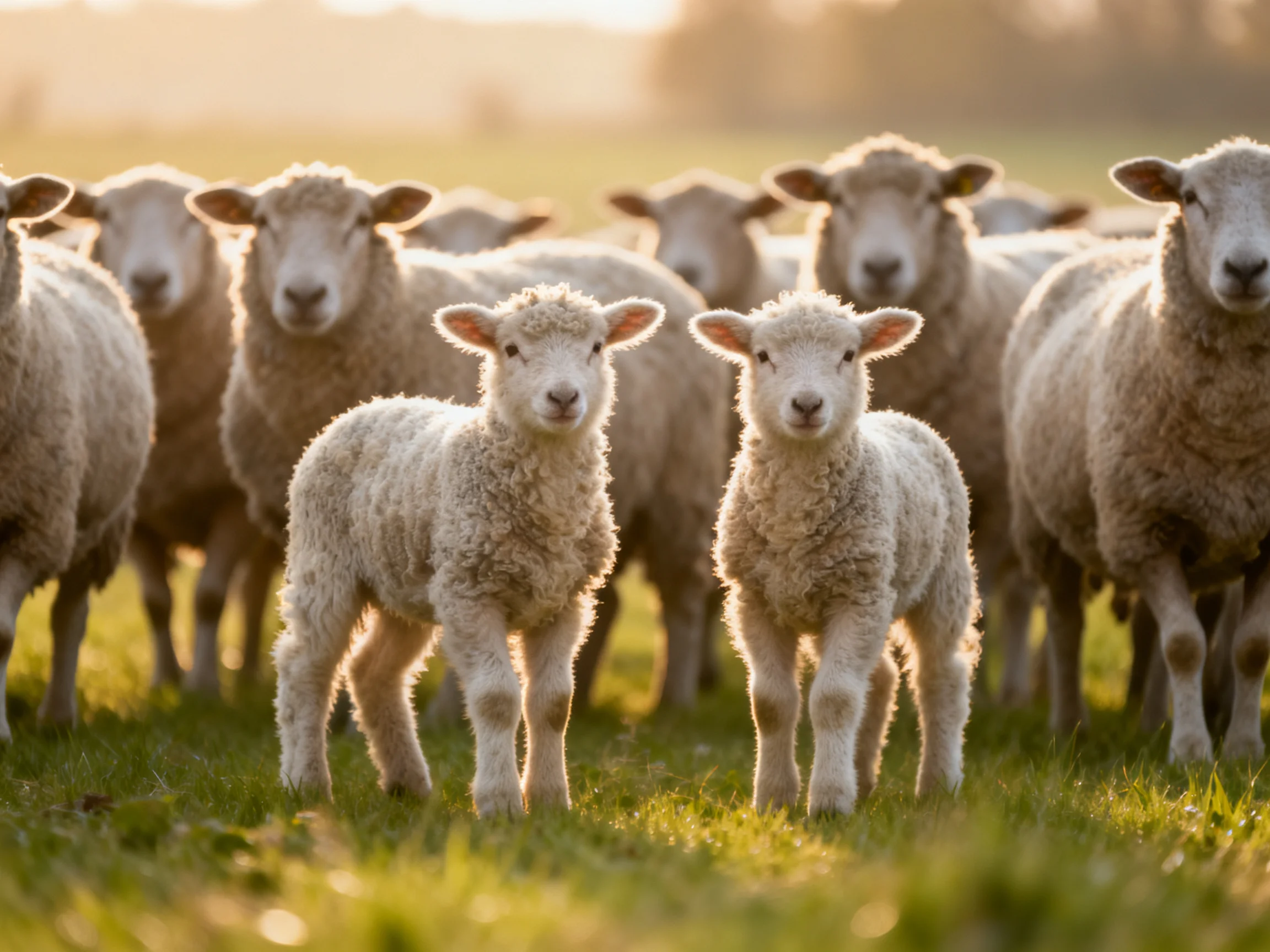 Fluffy lambs and adult sheep gather in a sunlit green pasture