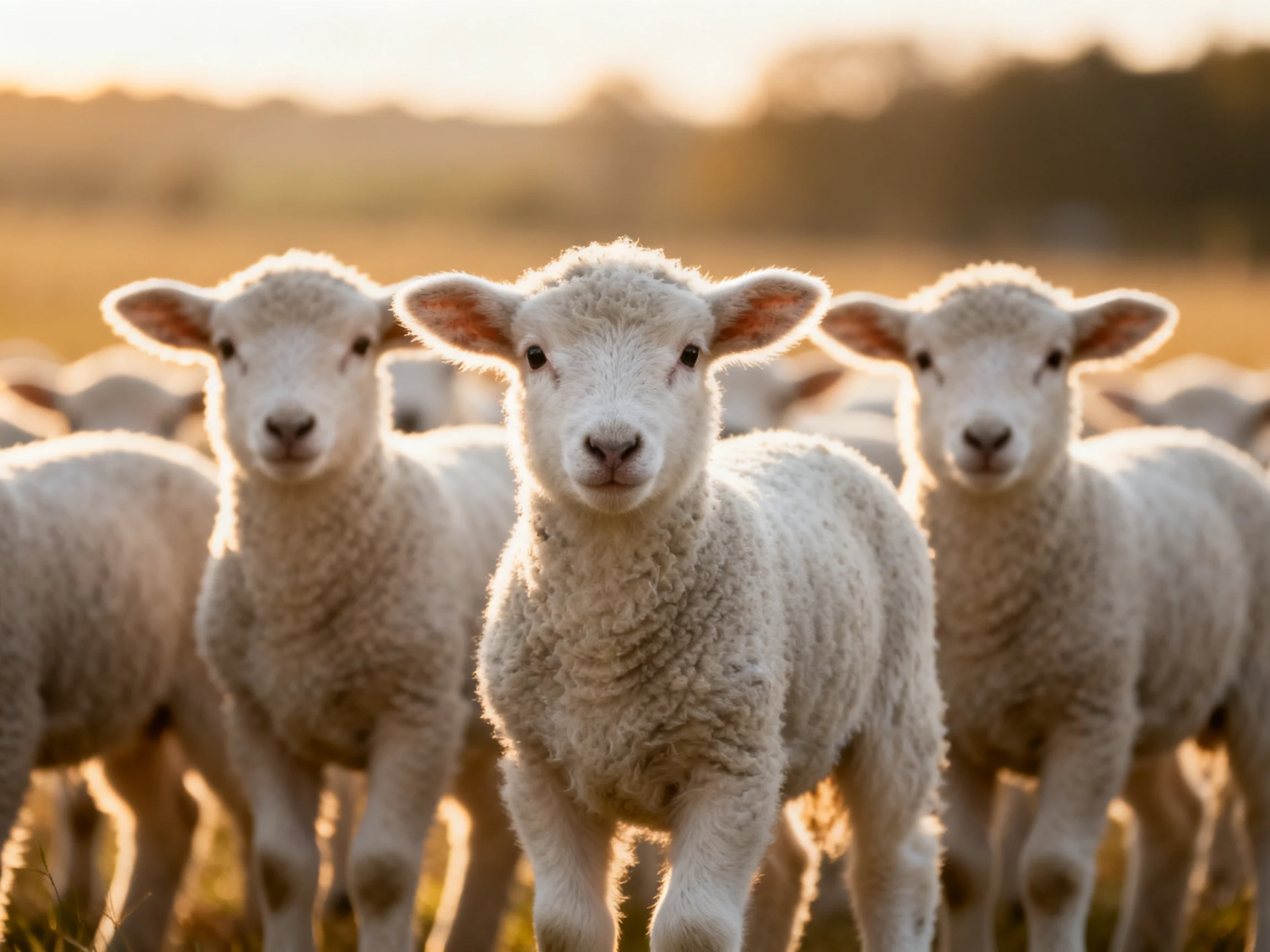 Fluffy lambs gather in a golden field during sunset
