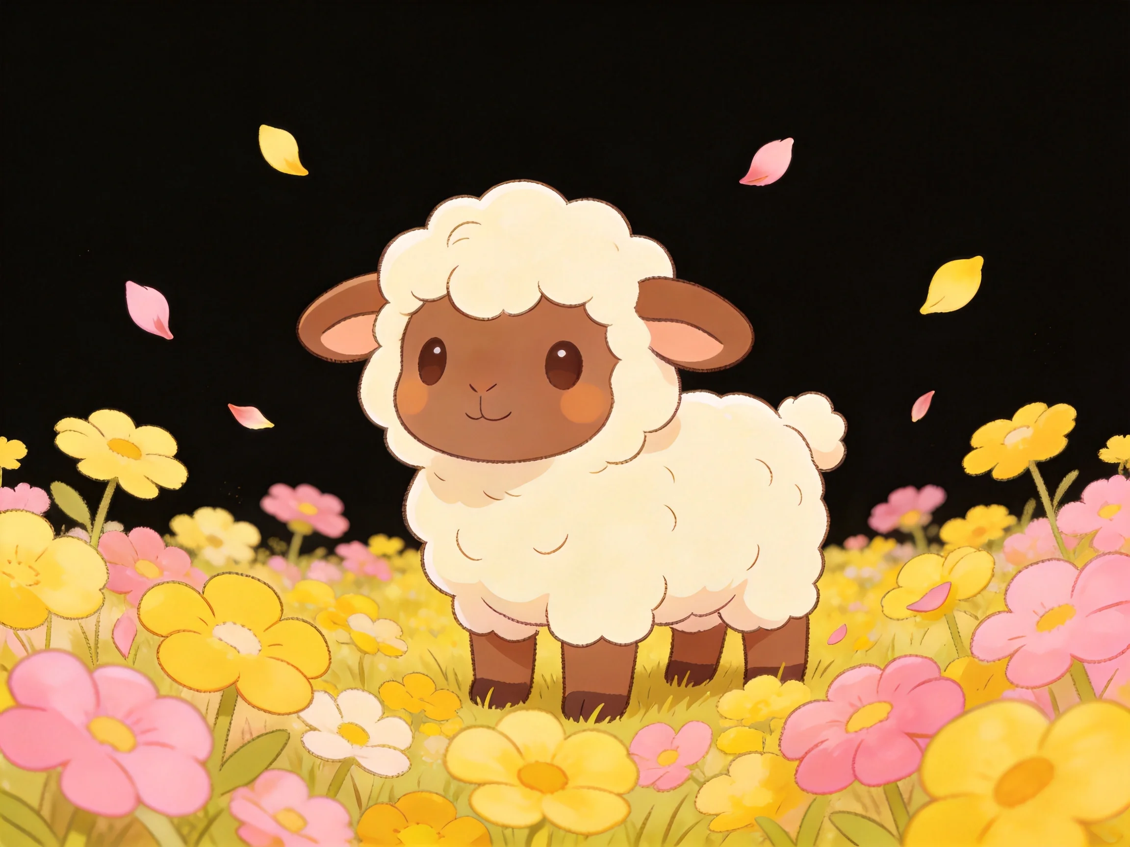 Fluffy sheep among colorful flowers with falling petals