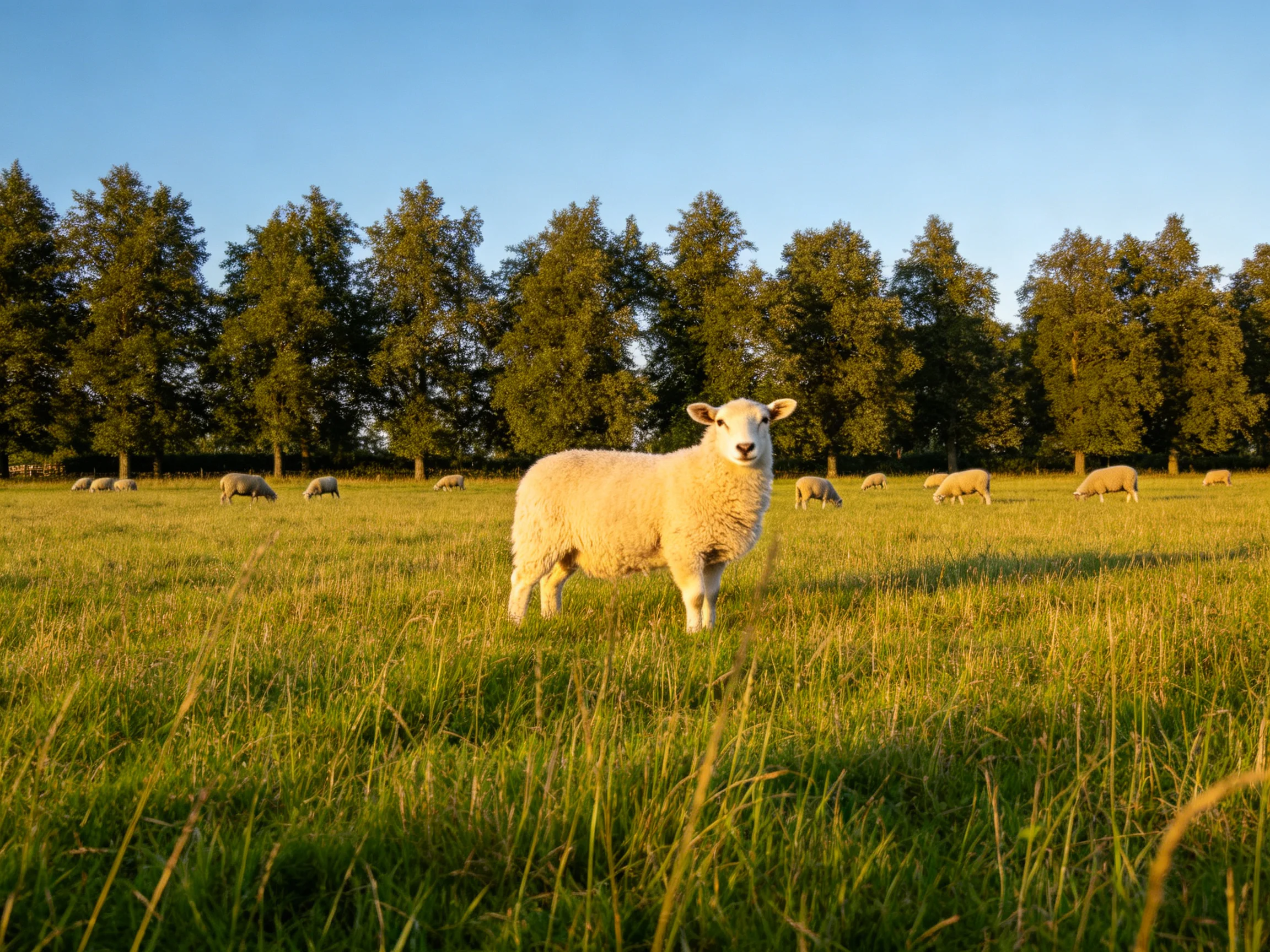 Fluffy sheep in a golden meadow with grazing companions and green trees