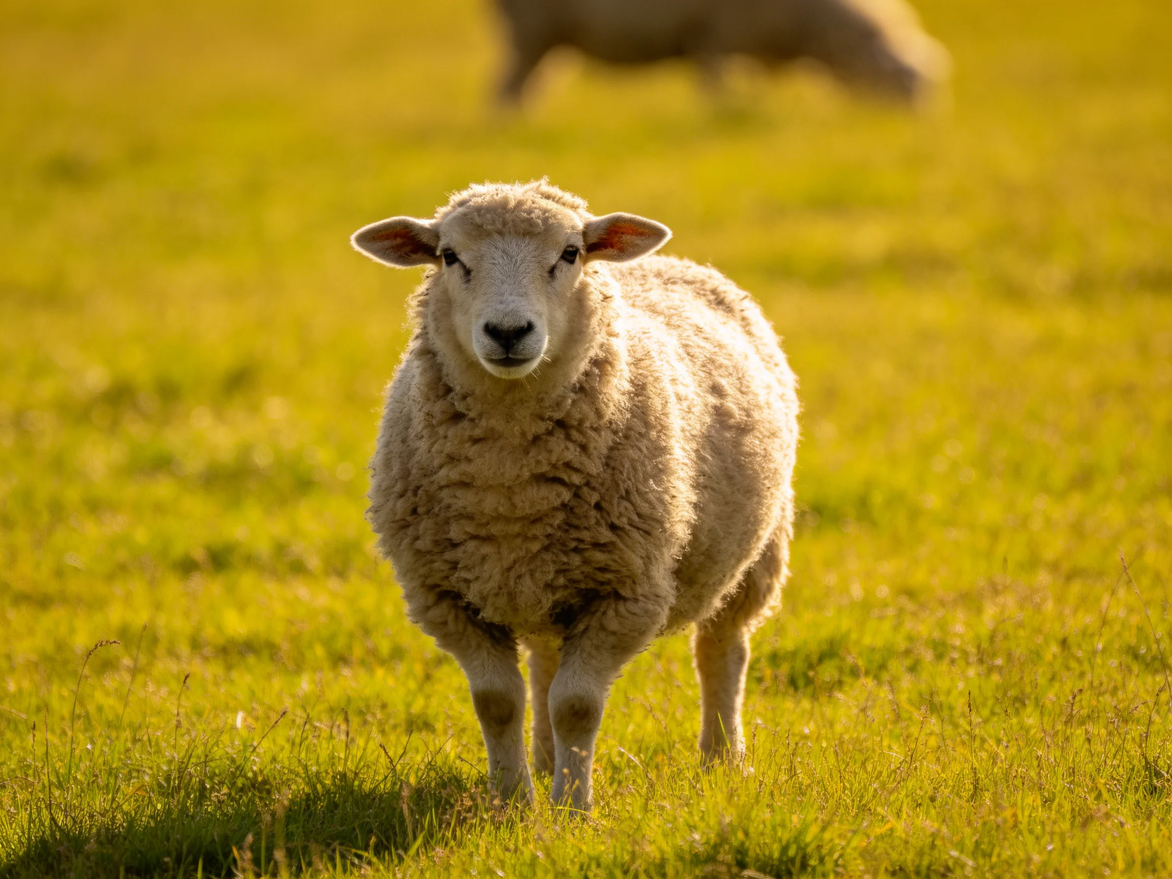 Fluffy sheep in a sunlit yellow-green pasture with a distant companion