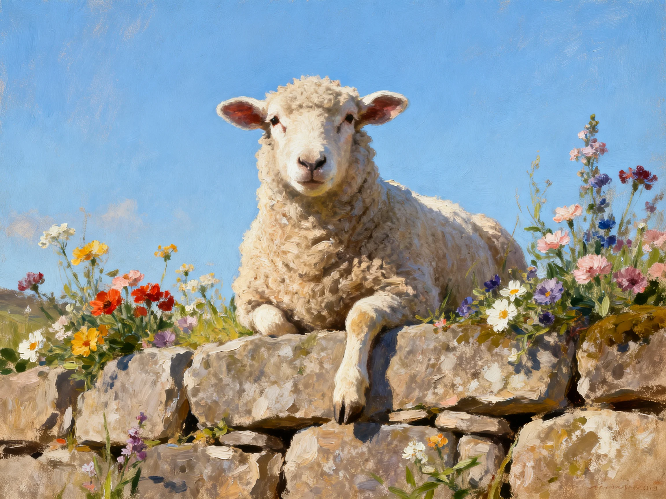 Fluffy sheep resting on stone wall with vibrant wildflowers