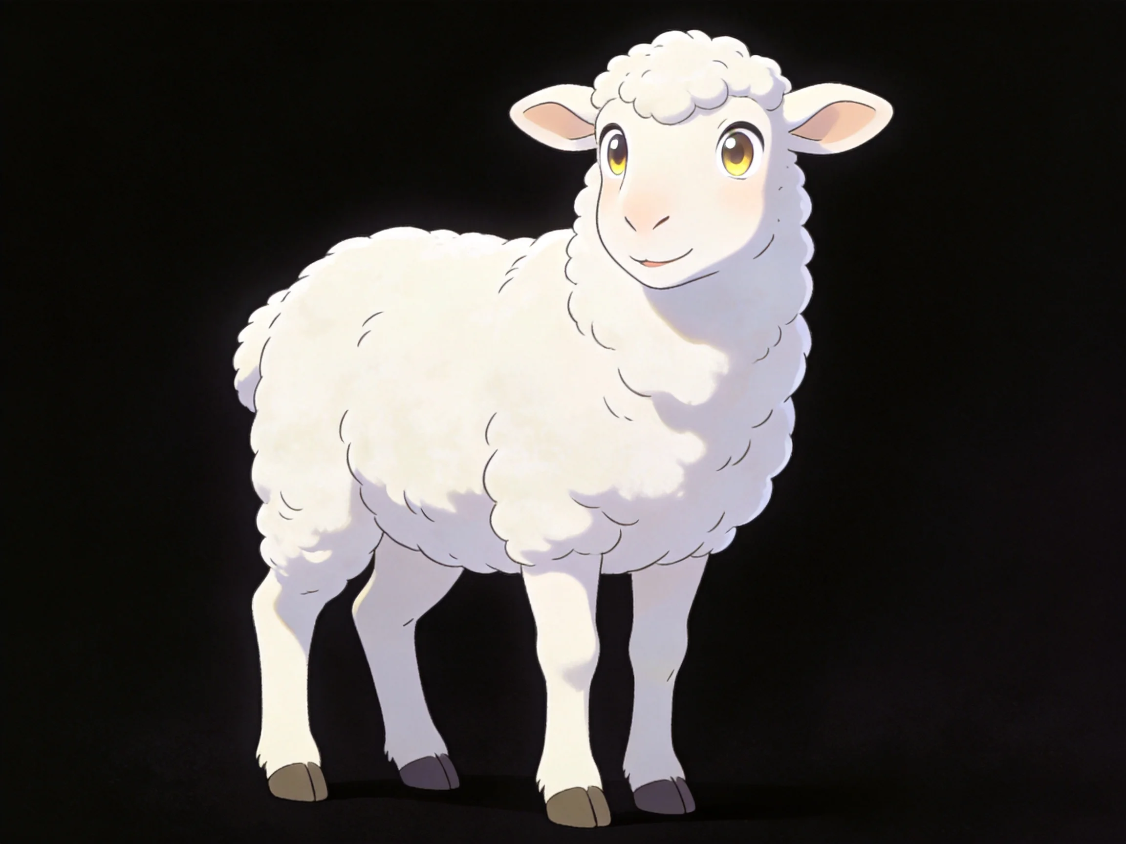 Fluffy white cartoon sheep with yellow eyes on black backdrop