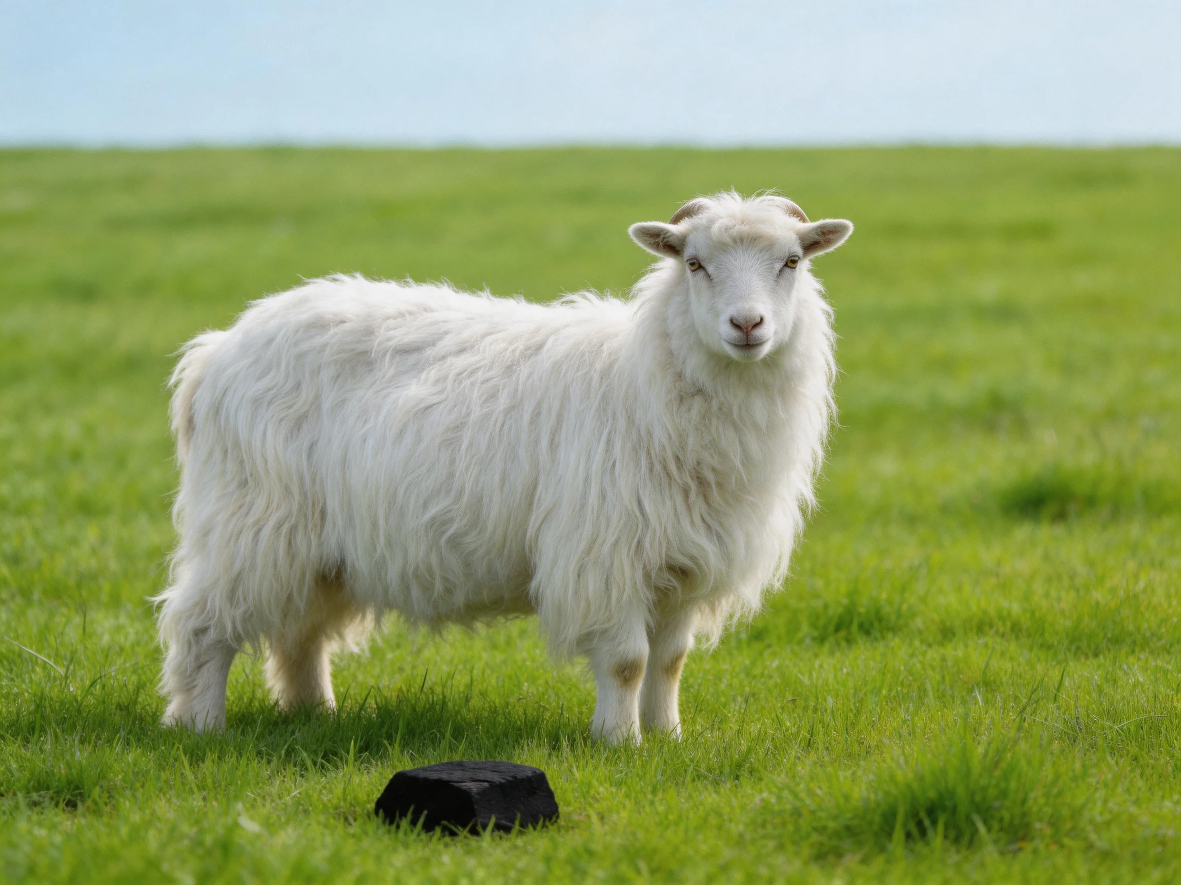 Fluffy white goat on lush green field with small black object