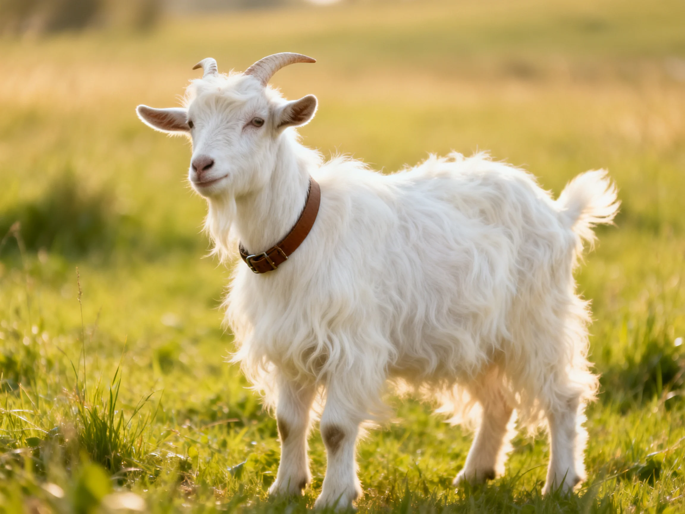 Fluffy white goat standing in sunlit green meadow