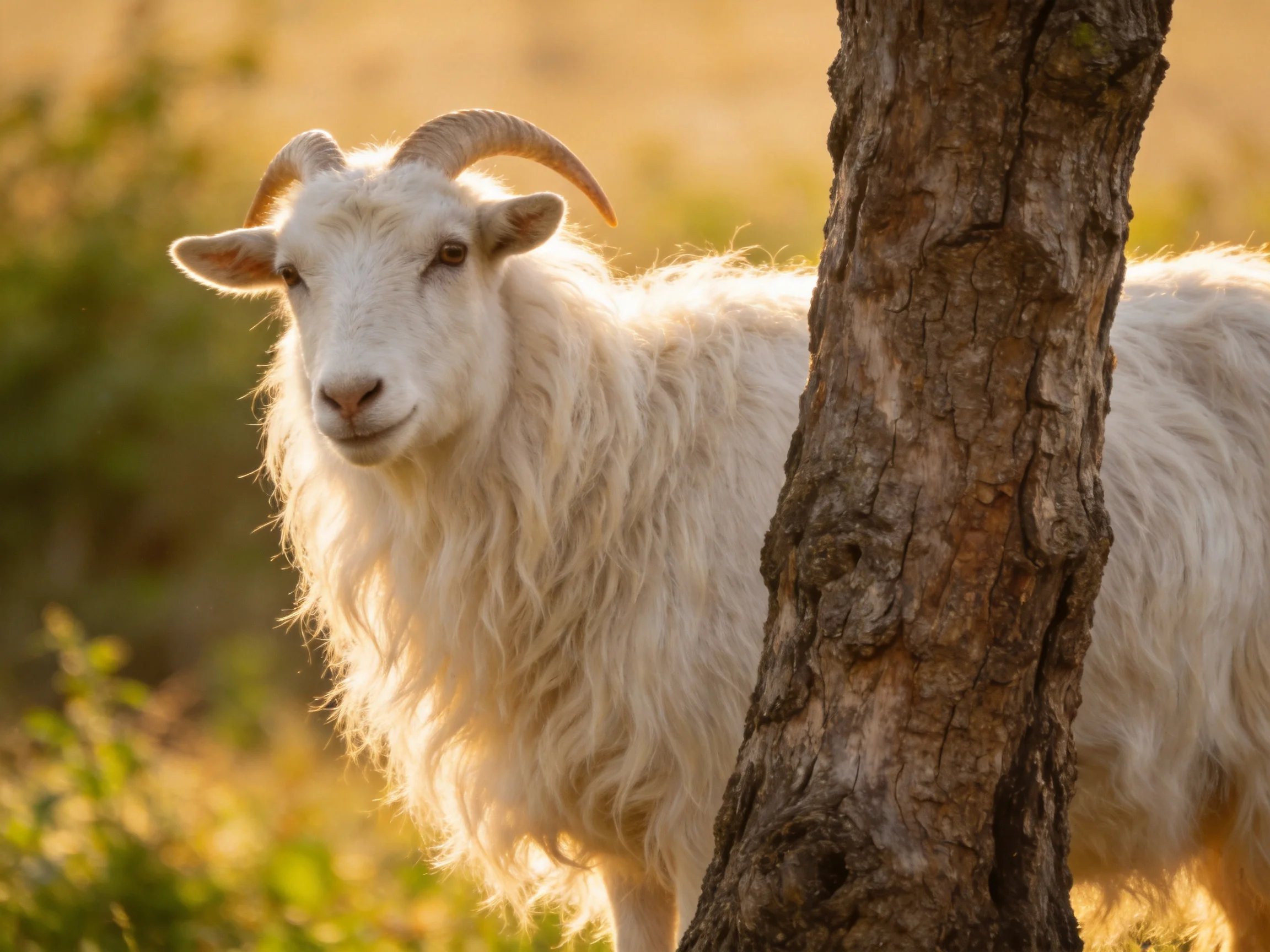 Fluffy white goat stands beside brown tree trunk in golden light
