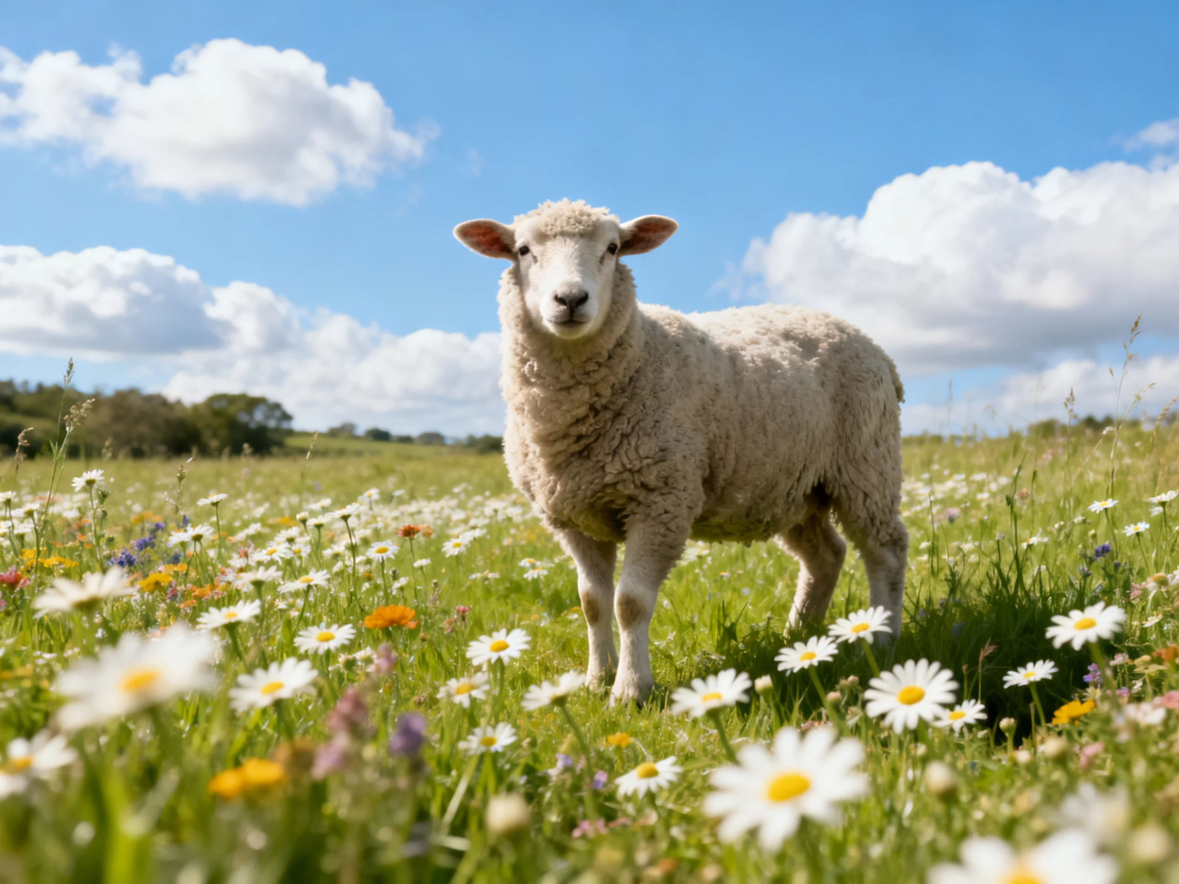 Fluffy white lamb amid wildflowers under bright blue sky