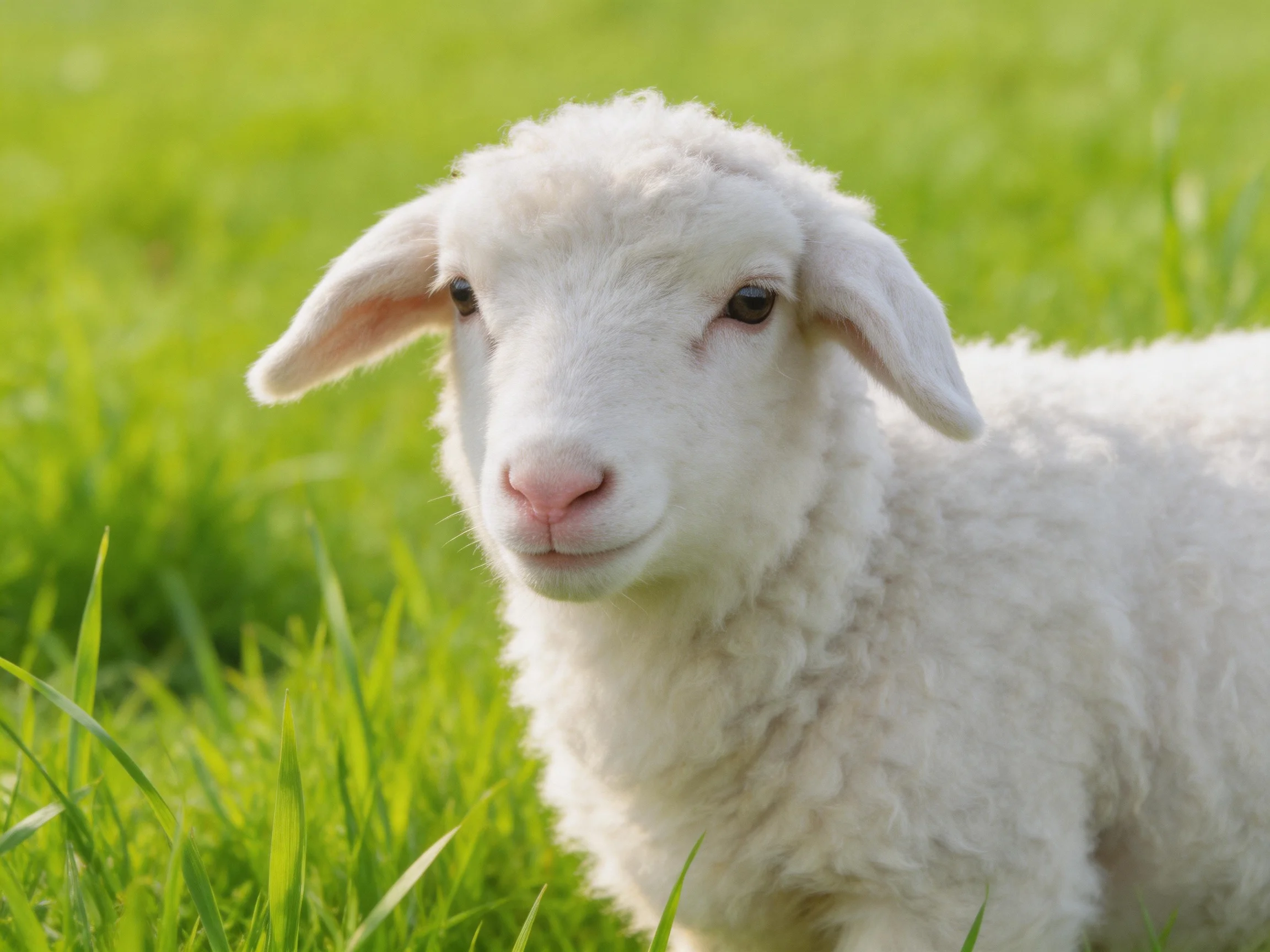 Fluffy white lamb among lush green grassy field