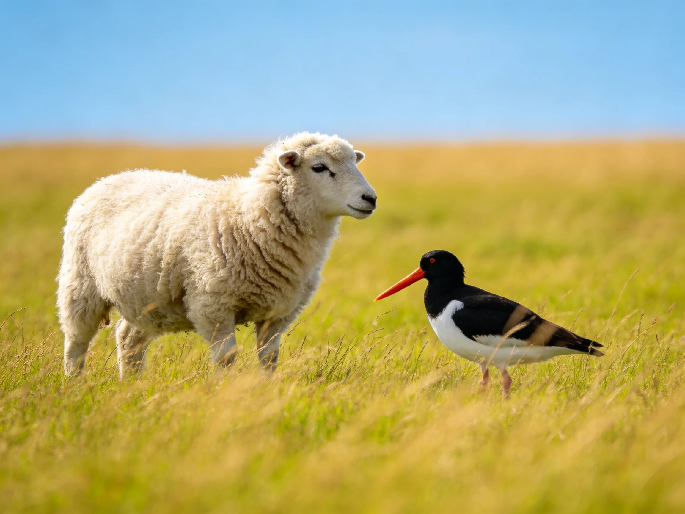 Fluffy white lamb and black-and-white bird with orange beak in golden grassland