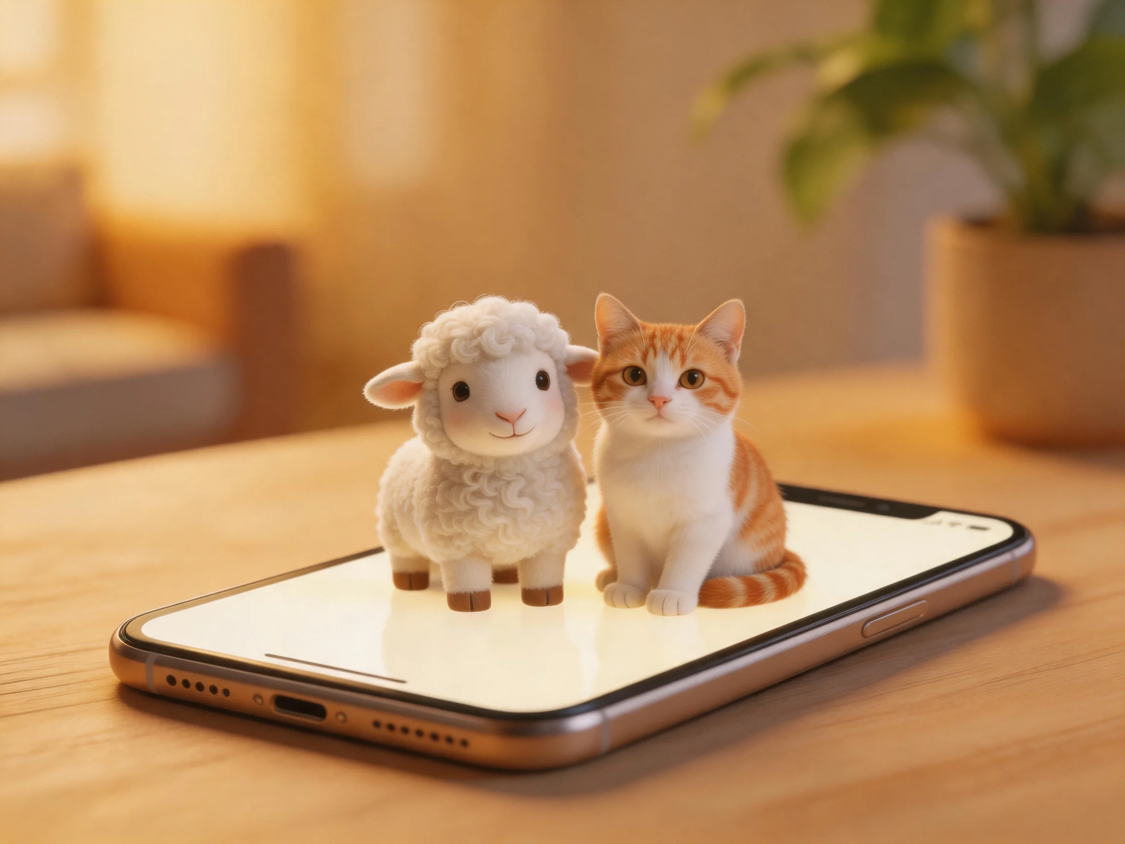 A white lamb figurine and an orange tabby cat figurine rest on a smartphone screen.