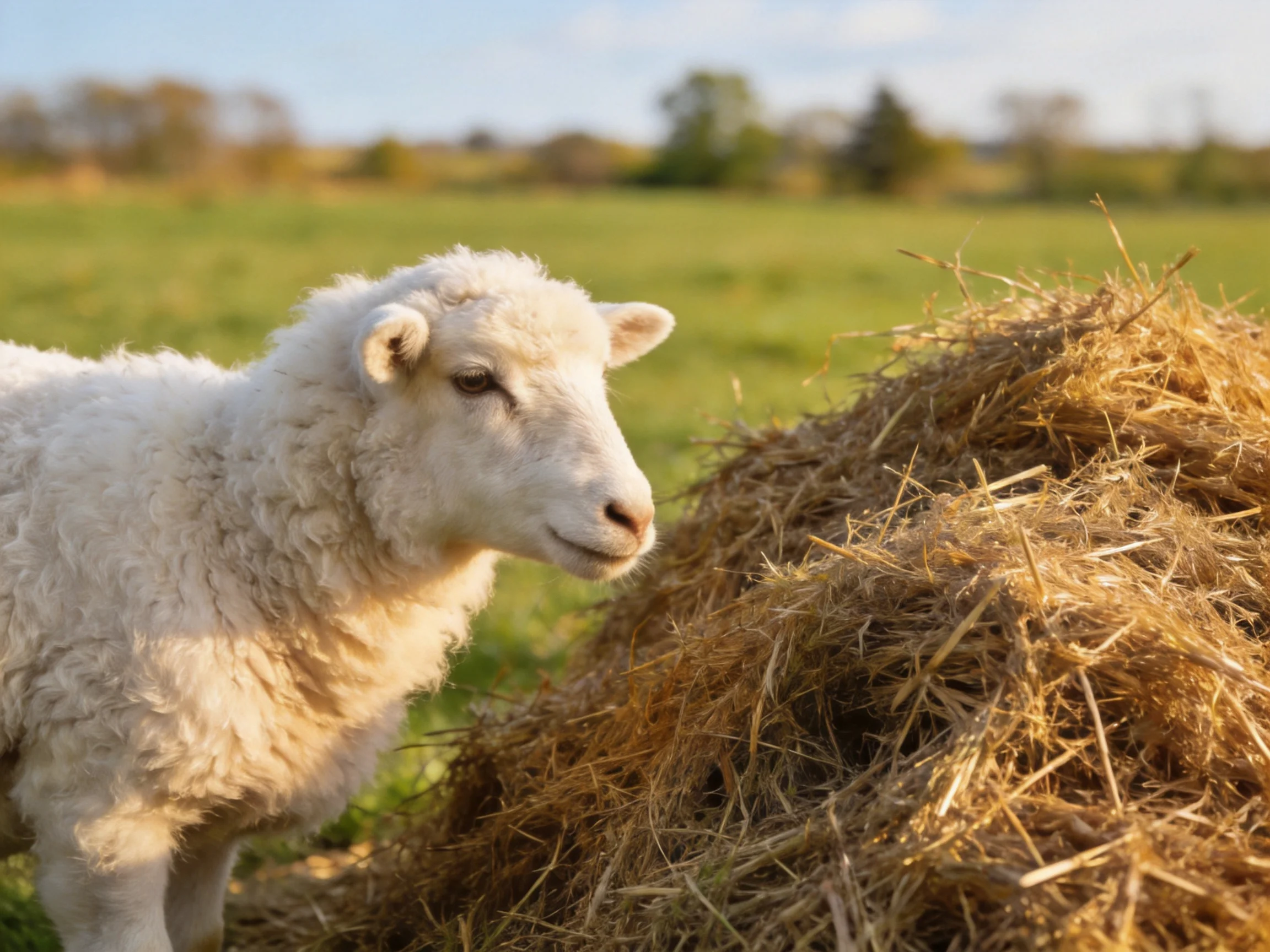 Fluffy white lamb beside a large golden hay pile in a green pasture