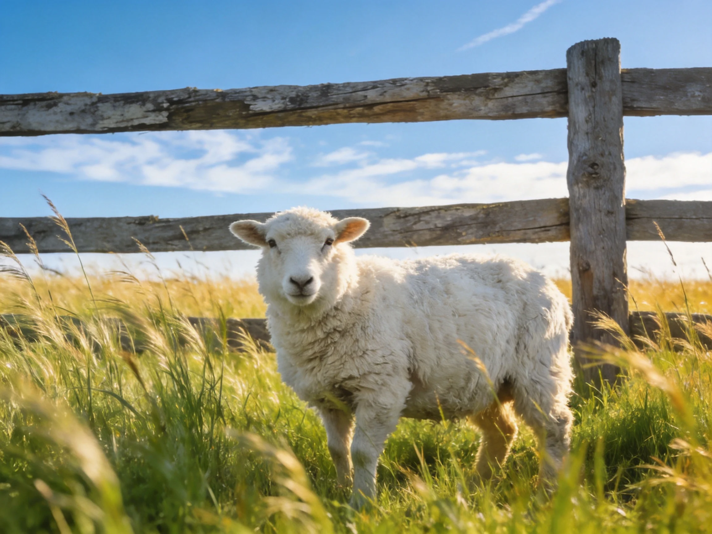 Fluffy white lamb beside aged wooden fence in sunny pasture