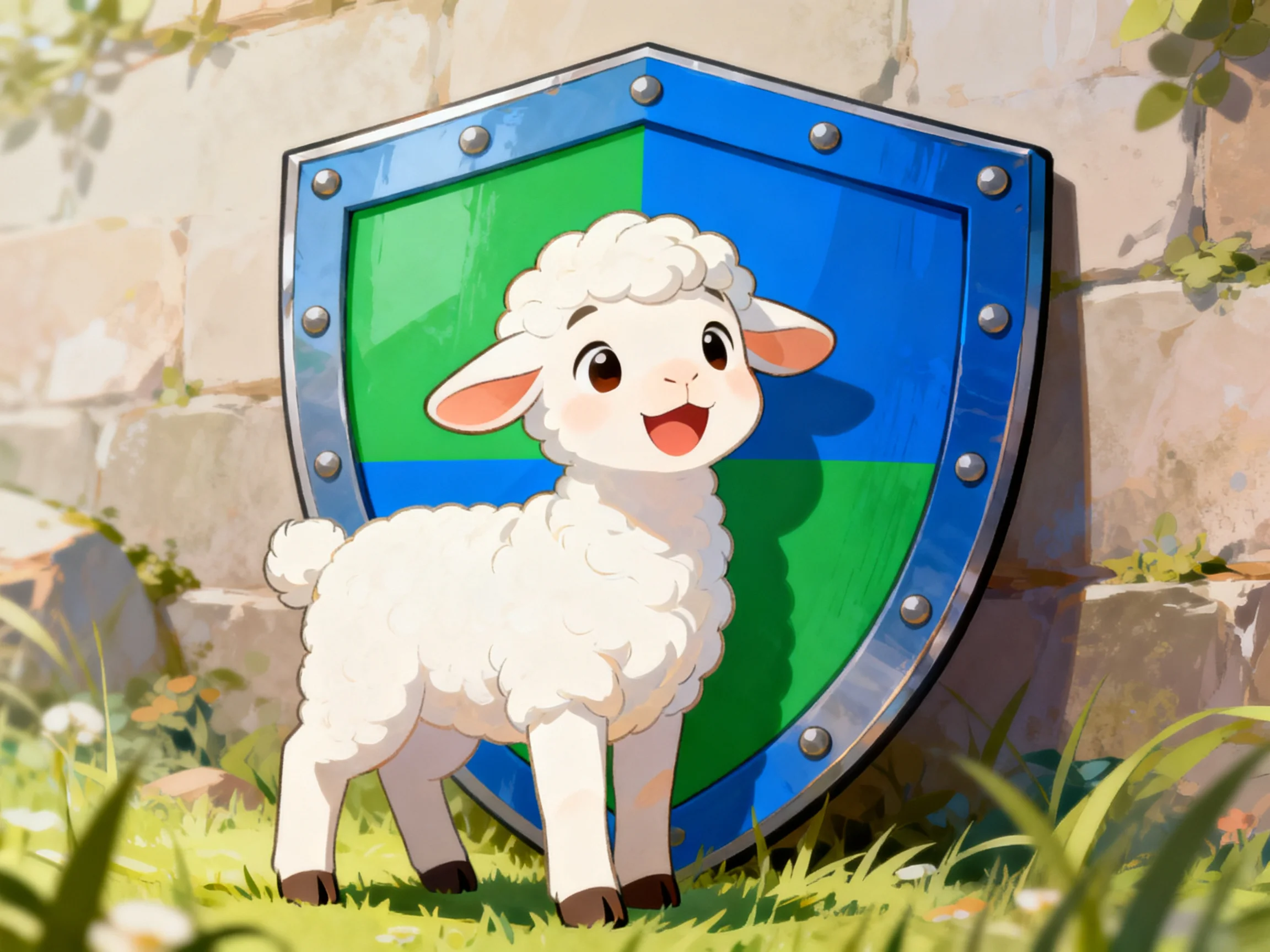 Fluffy white lamb beside blue-green shield near stone wall