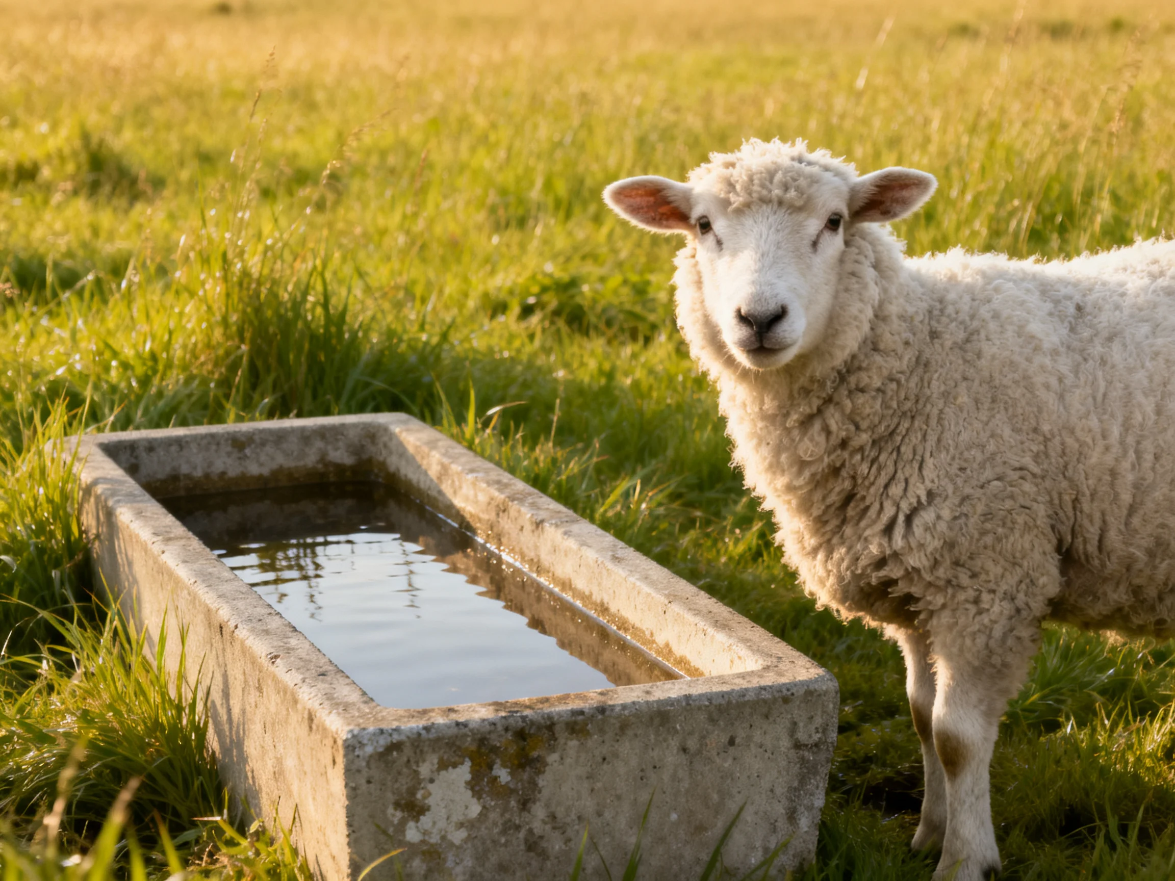 Fluffy white lamb beside weathered concrete trough in sunlit meadow