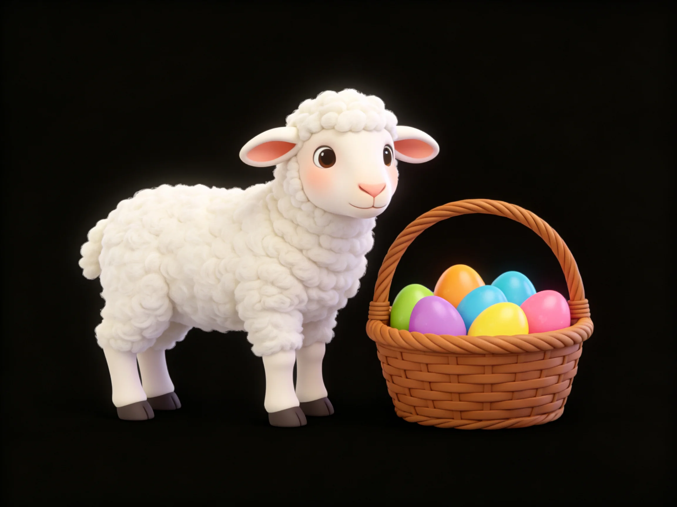 Fluffy white lamb beside wicker basket of colorful Easter eggs