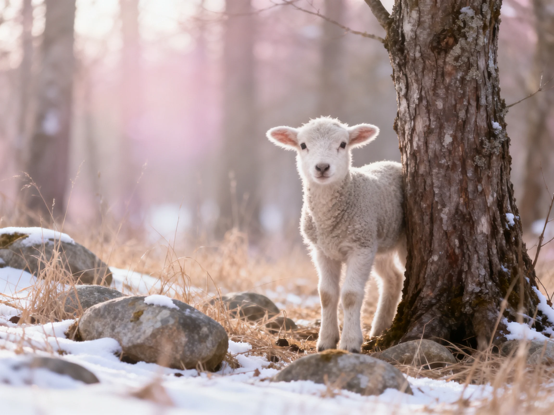 Fluffy white lamb by a tree in a snowy forest