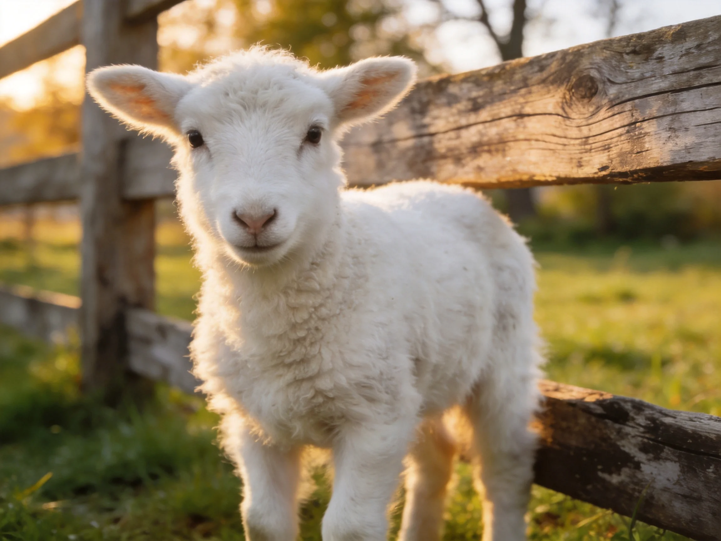 Fluffy white lamb by weathered wooden fence in golden light