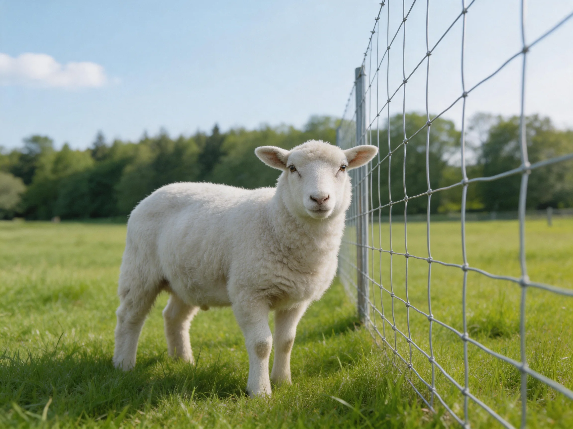 Fluffy white lamb by wire fence in green pasture