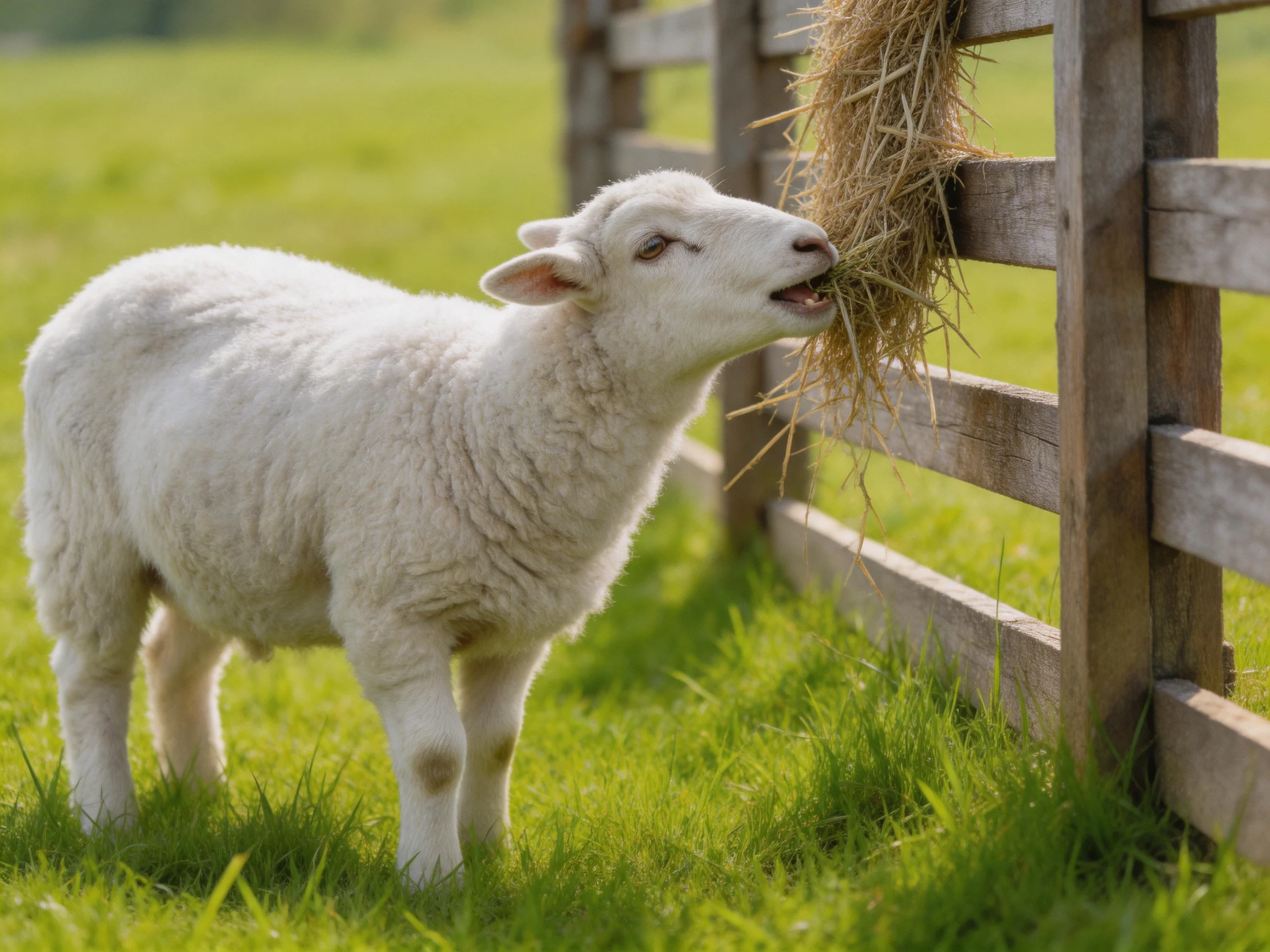Fluffy white lamb eating hay beside wooden fence