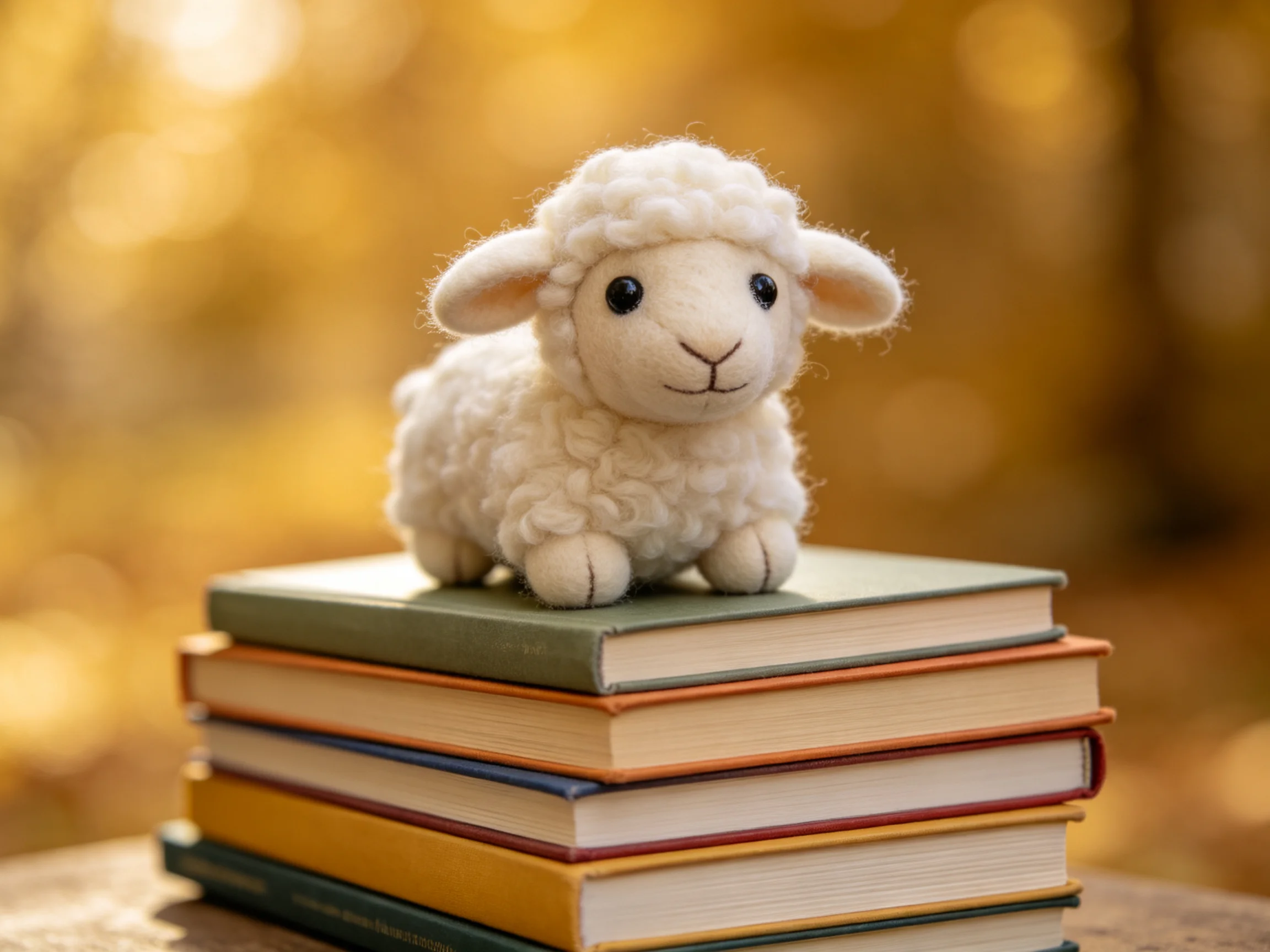 Fluffy white lamb figurine atop stacked colorful hardcover books