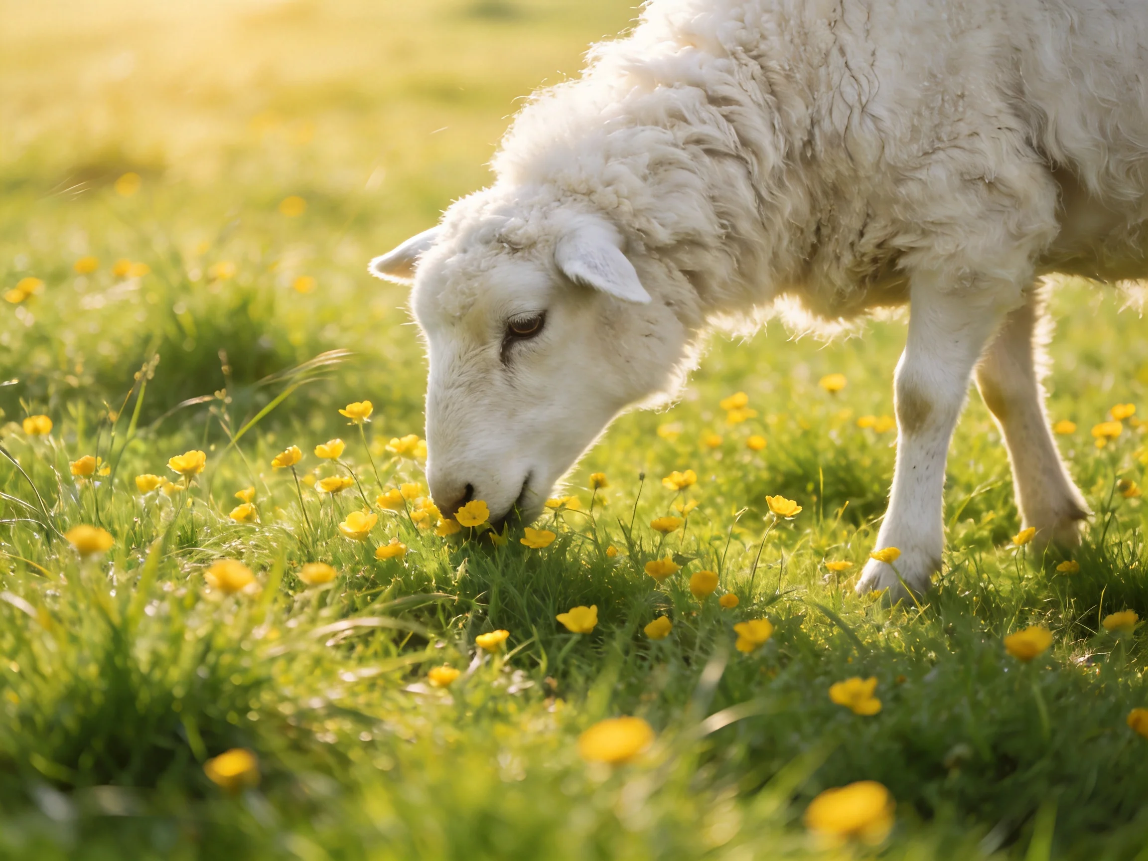 Fluffy white lamb grazing amid bright yellow wildflowers