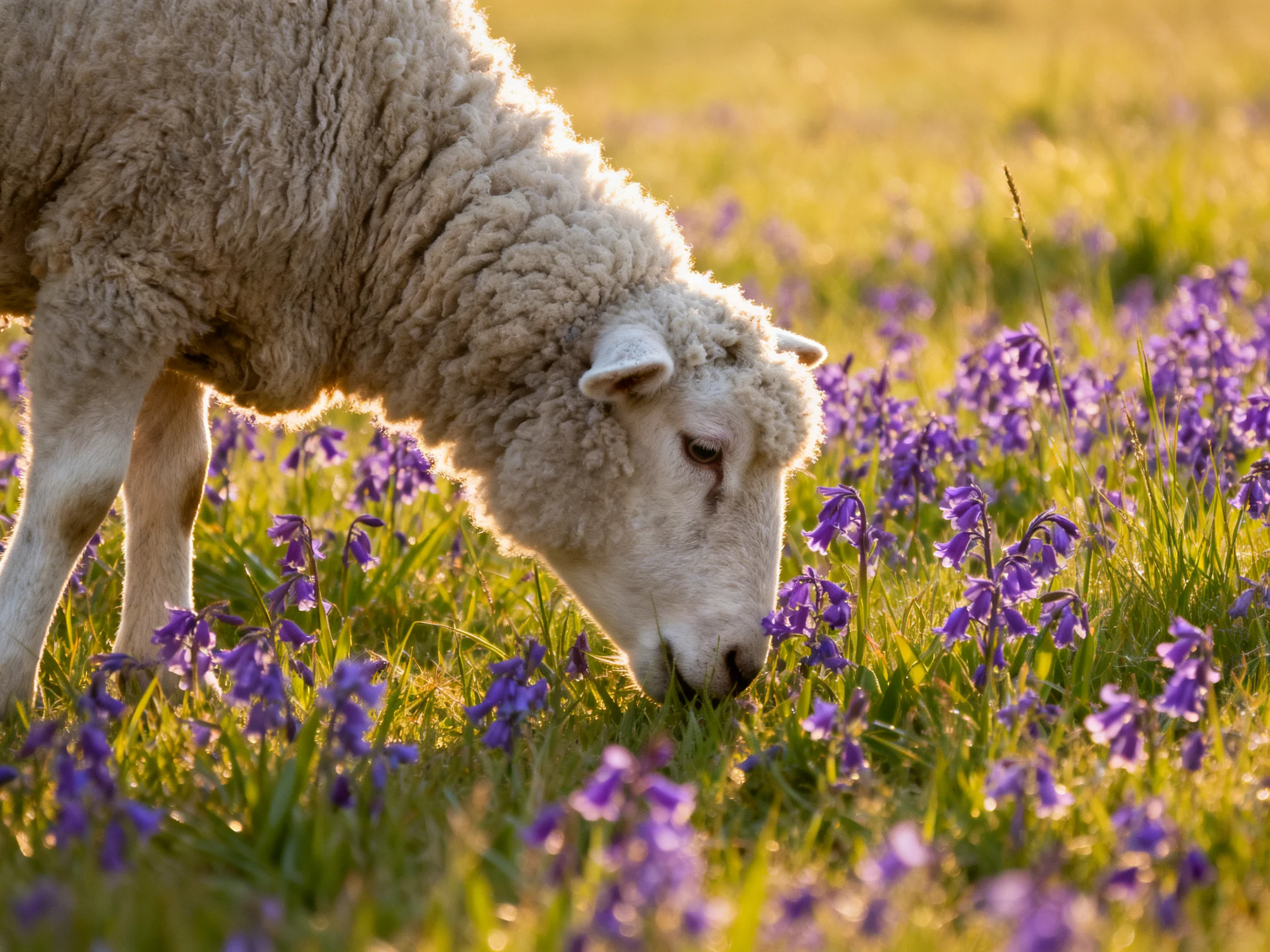 Fluffy white lamb grazing among vibrant purple wildflowers in a sunlit meadow