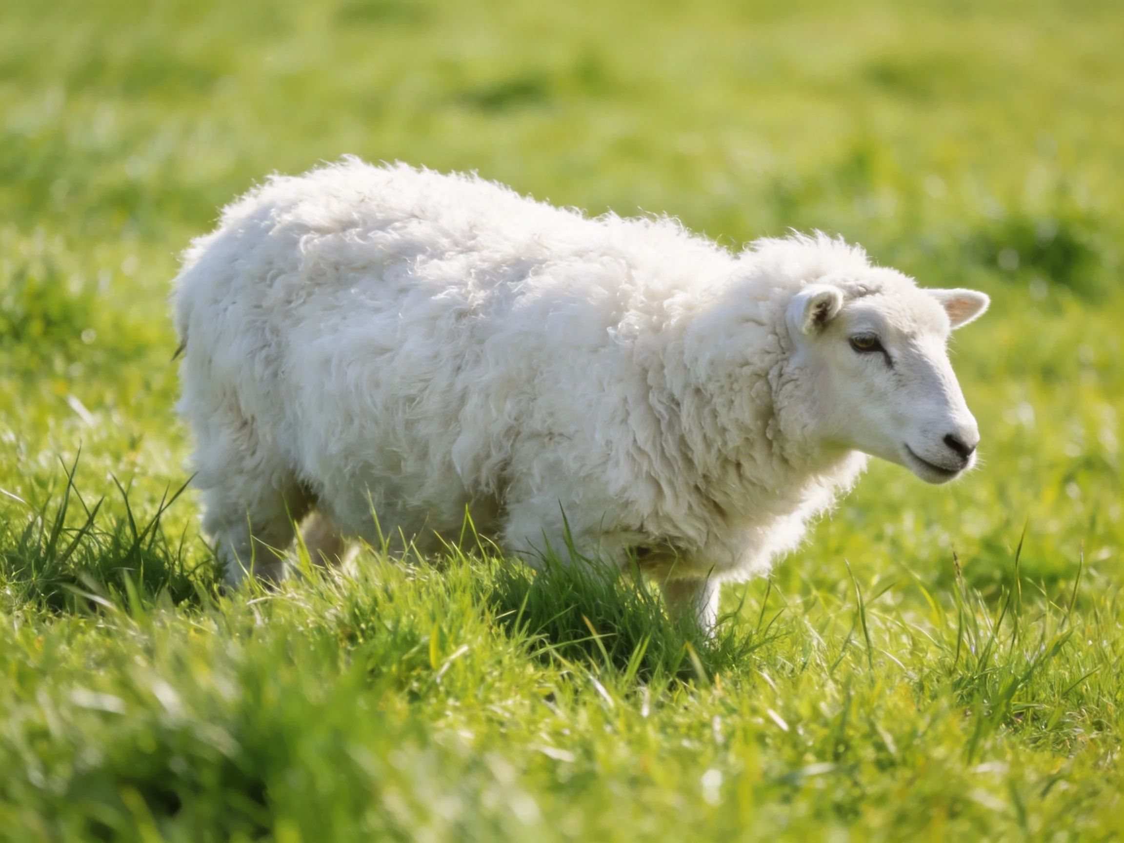 A fluffy white lamb grazes peacefully in a sunlit green meadow.