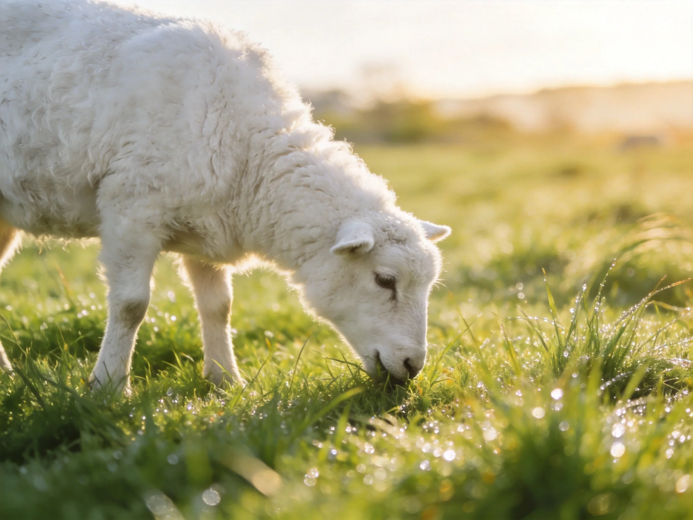 Fluffy white lamb grazing in dewy green meadow