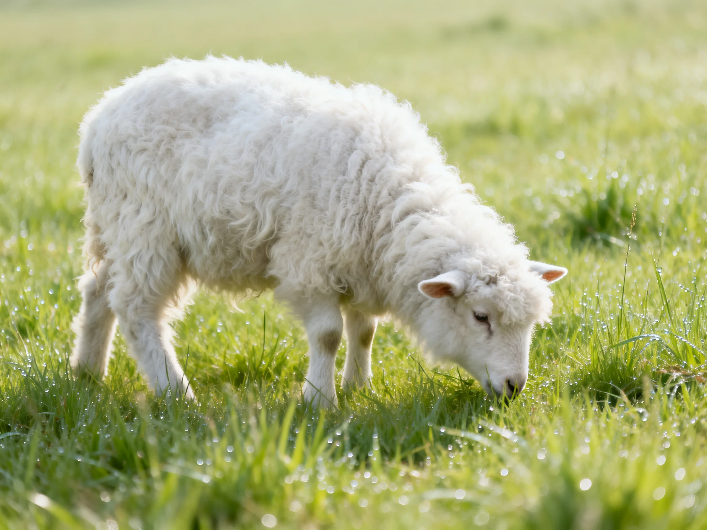 Fluffy white lamb grazing in dewy green pasture