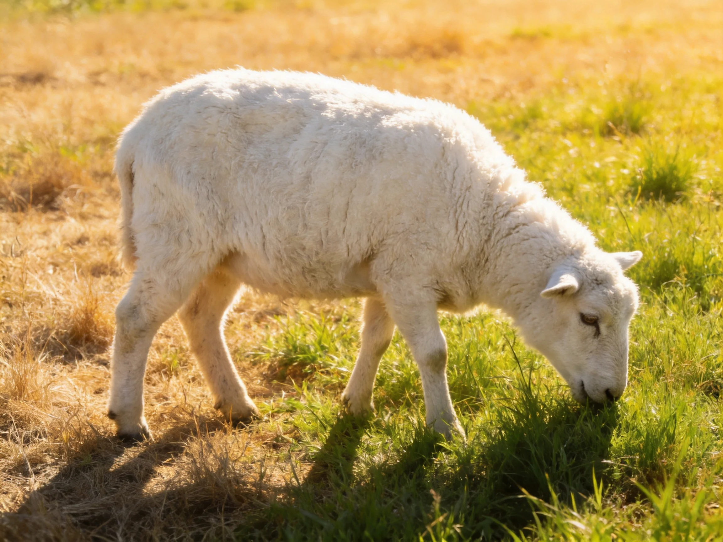 White lamb grazes in a sunlit, mixed-grass field.